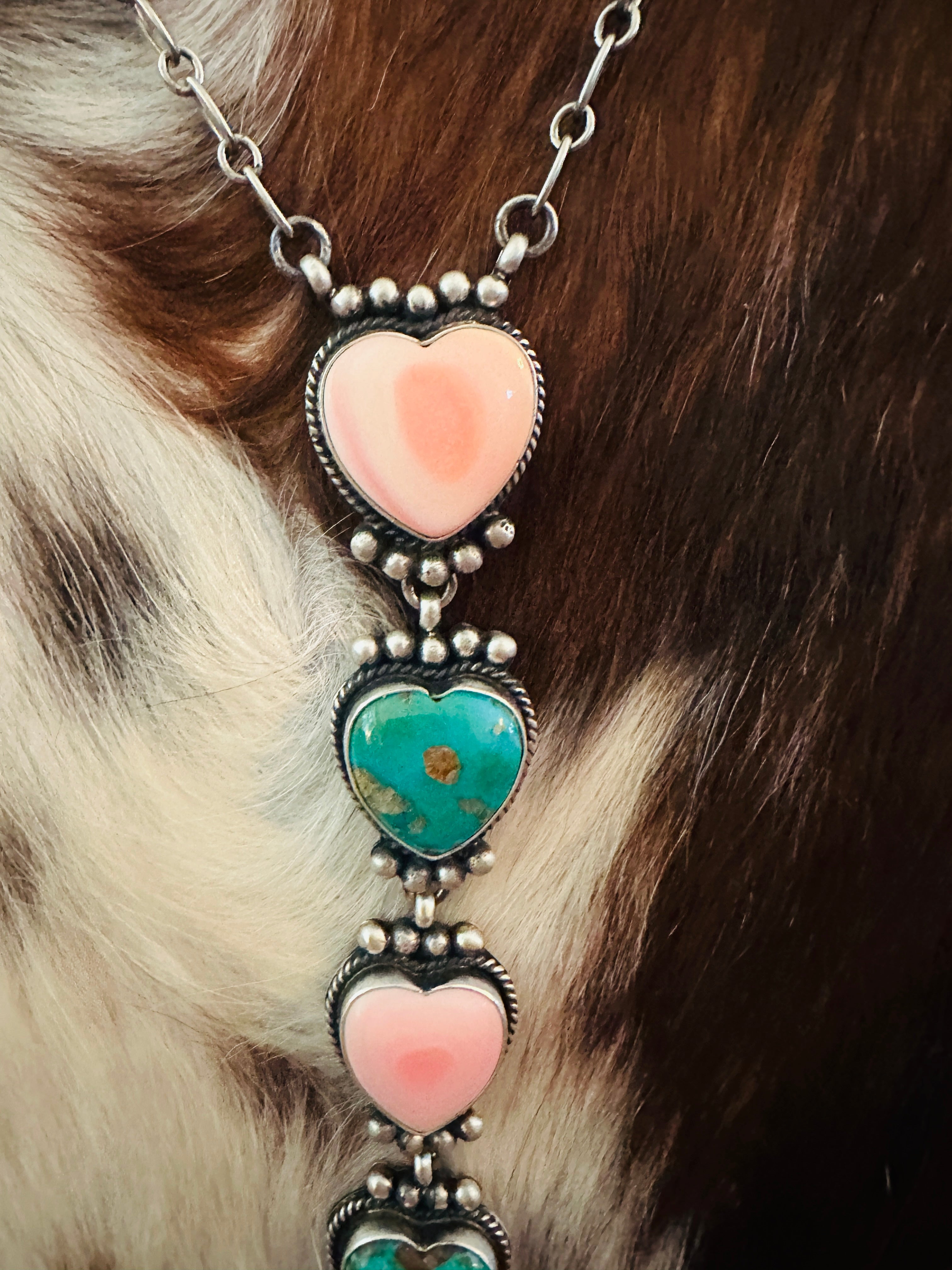 Handcrafted Queen Pink Conch, Turquoise & Sterling Silver Heart Necklace by Patrick Yazzie