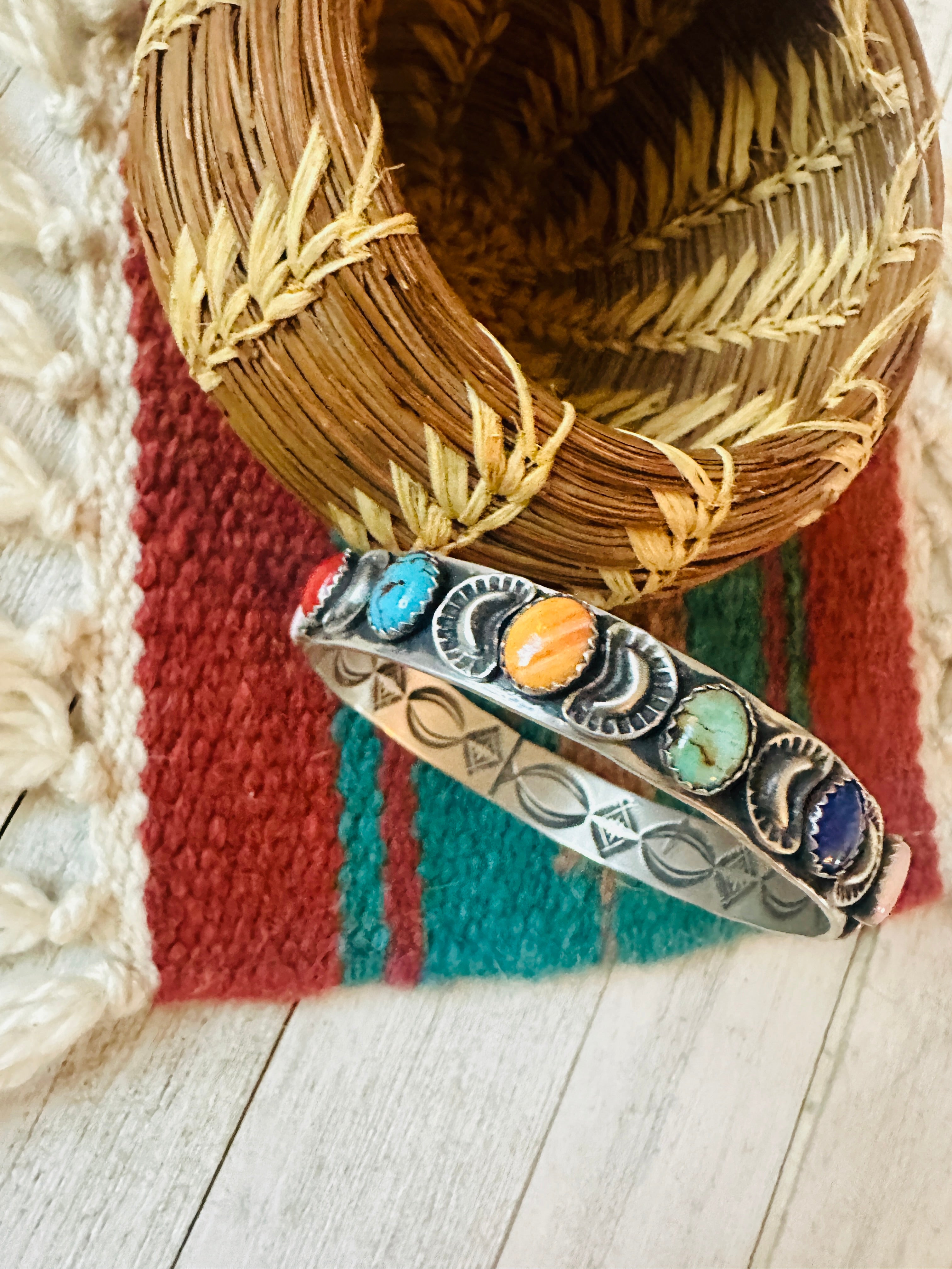 Navajo Multi Stone & Sterling Silver Bangle Bracelet Signed Lerry James