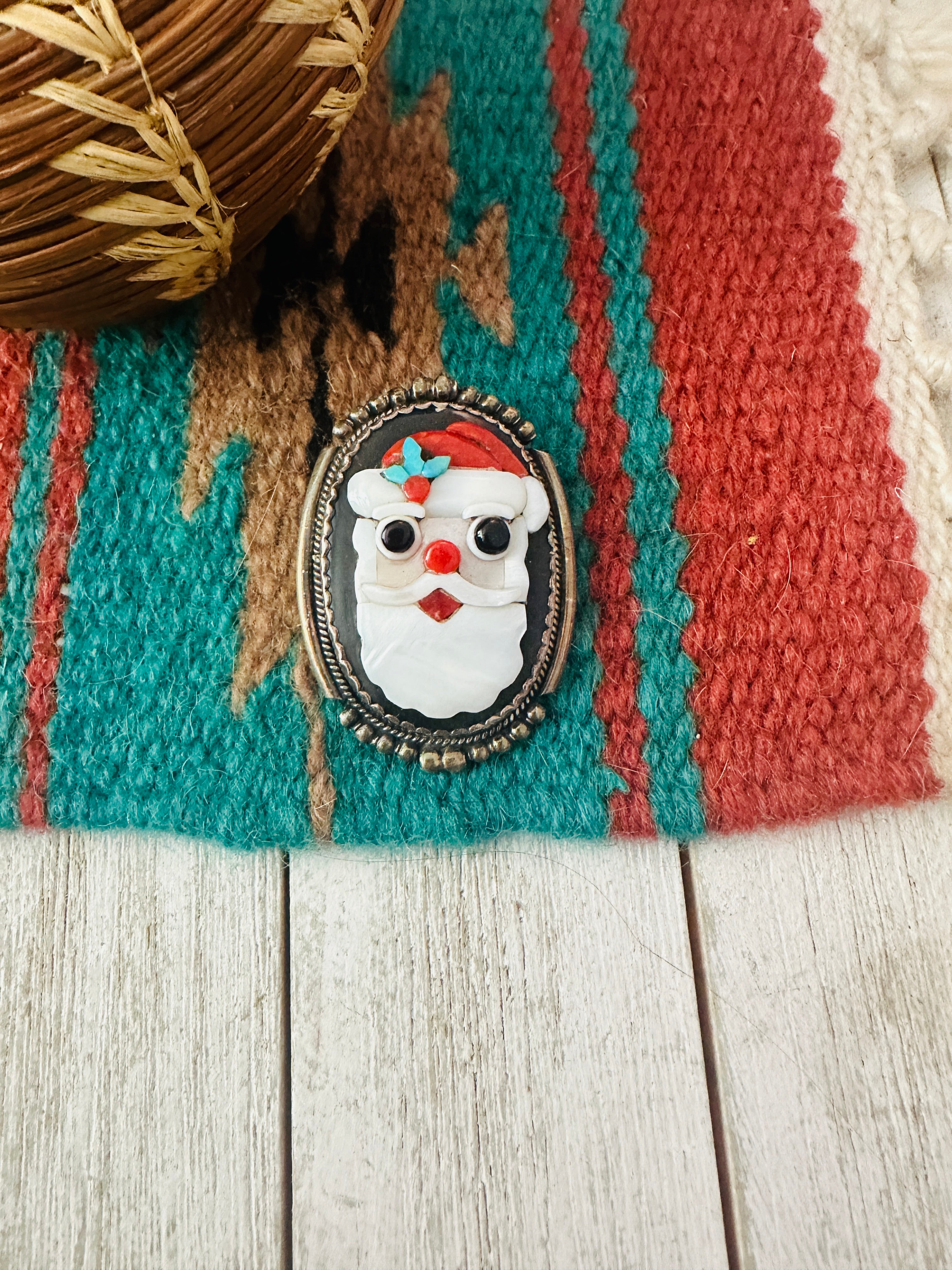 Vintage Zuni Multi Stone & Sterling Silver Inlay Santa Clause Brooch