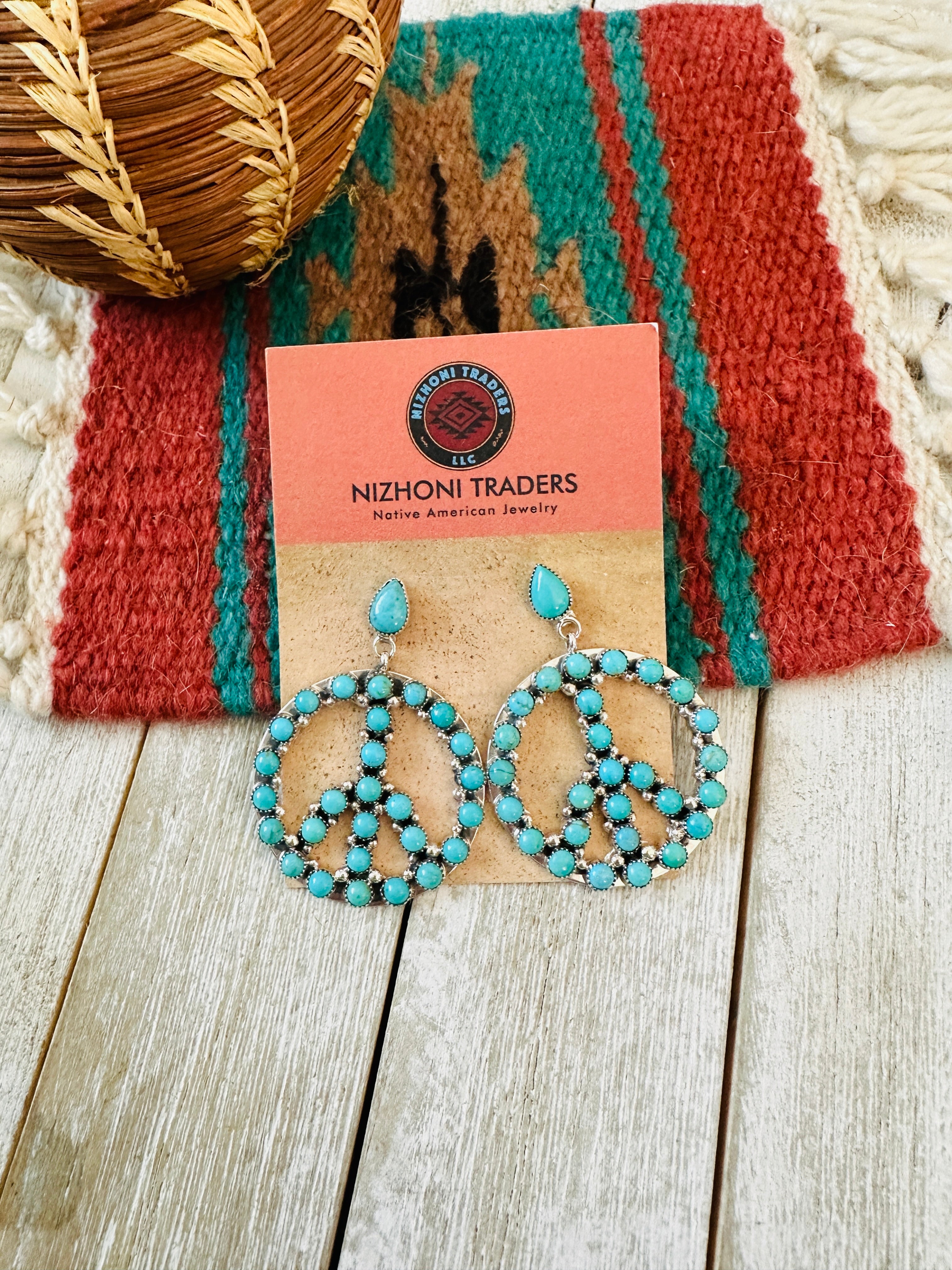 Handcrafted Turquoise & Sterling Silver Peace Sign Dangle Earrings