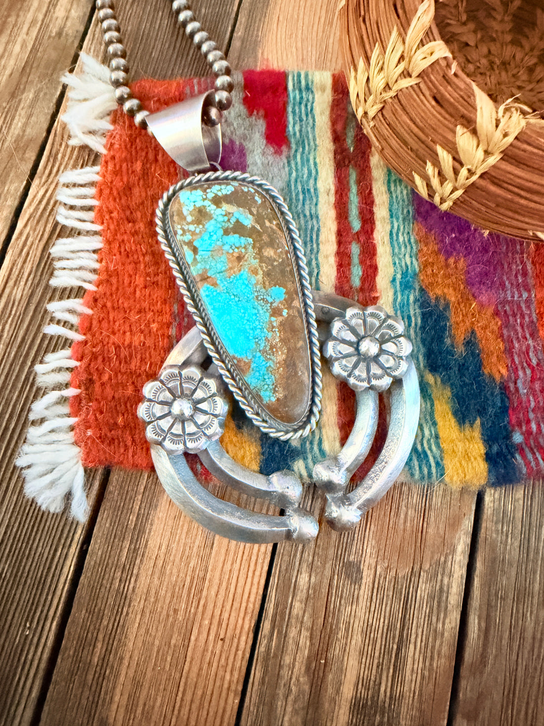 Handcrafted Sterling Silver & Number 8 Turquoise Naja Pendant by Chimney Butte