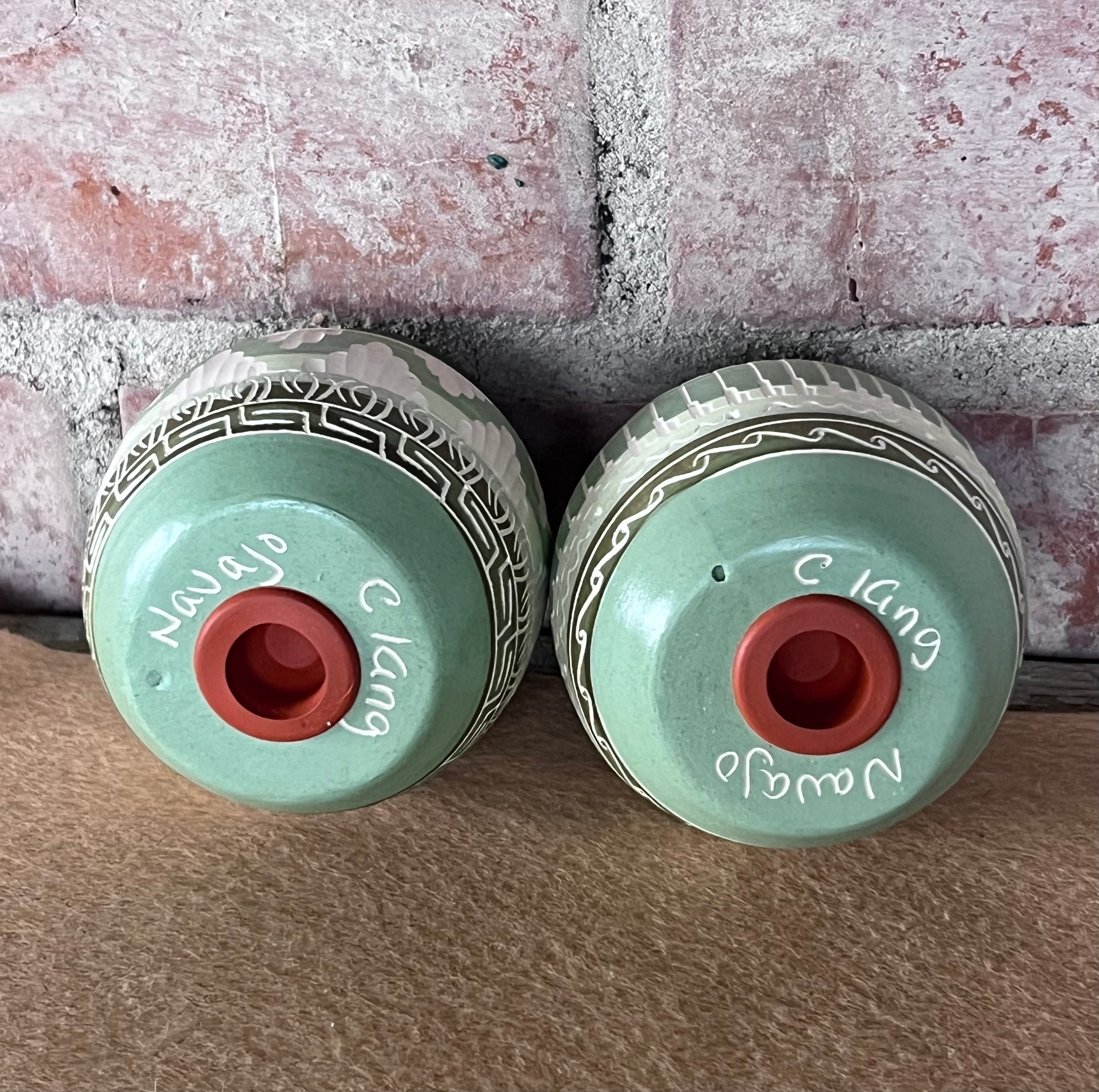 Handcrafted Green Salt & Pepper Shakers “Cassandra King”