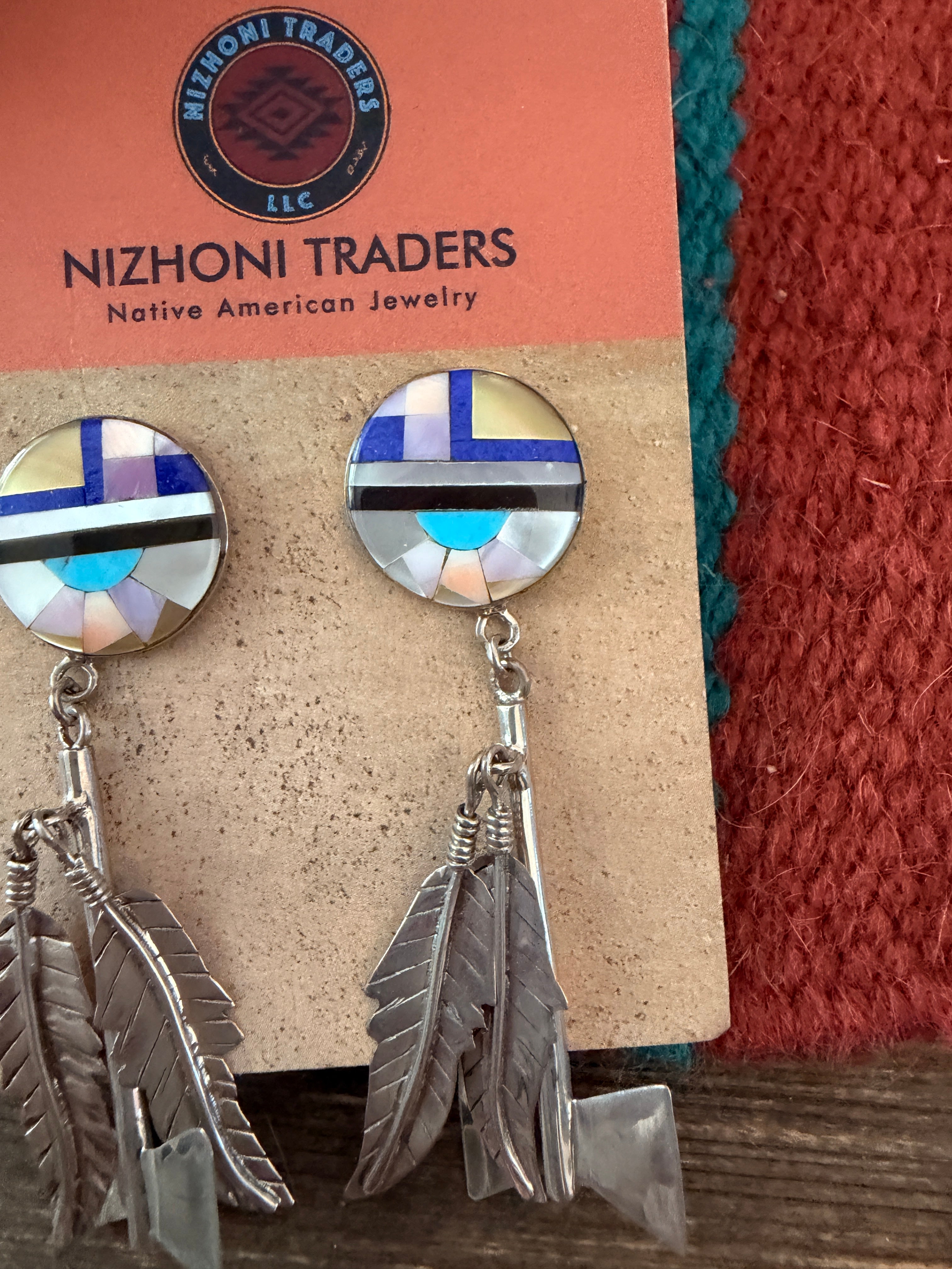 Old Pawn Handcrafted Sterling Silver & Multi Stone Inlay Feather Dangle Earrings