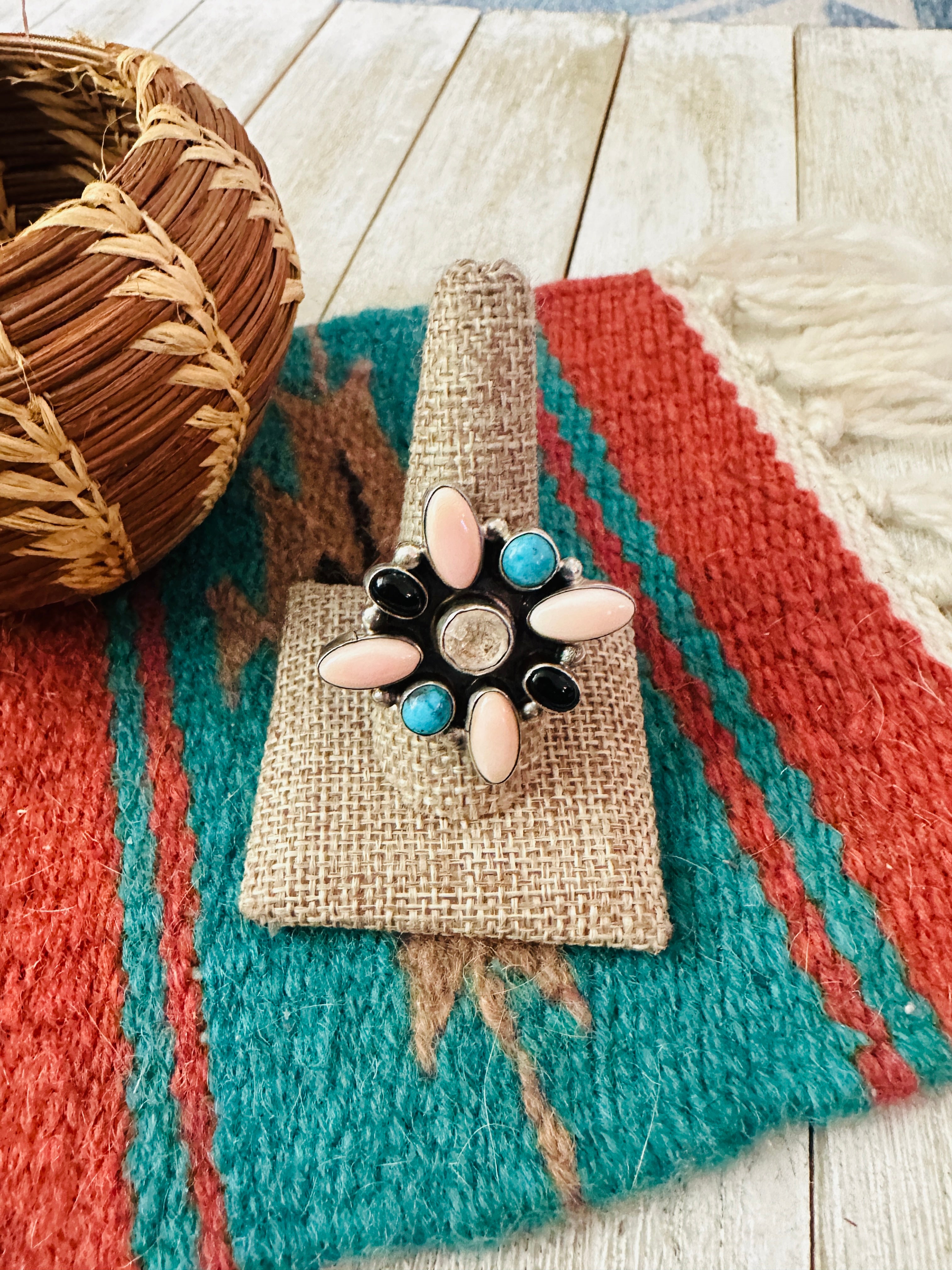 Handcrafted Queen Pink Conch, Onyx, Turquoise & Sterling Silver Adjustable Ring by Jacqueline Silver