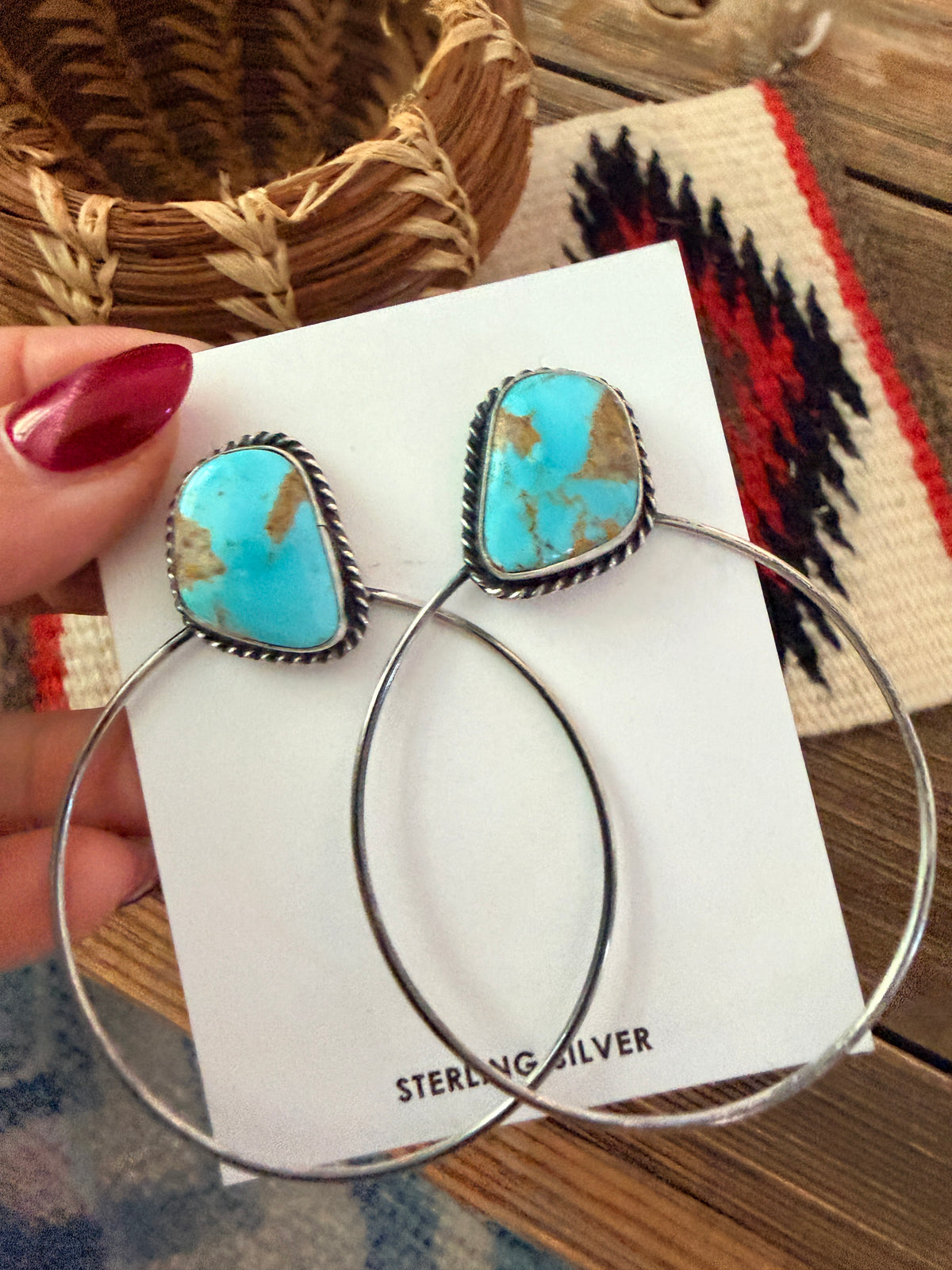 Handcrafted Turquoise and Sterling Silver Dangle Hoop Earrings by Elouise Kee