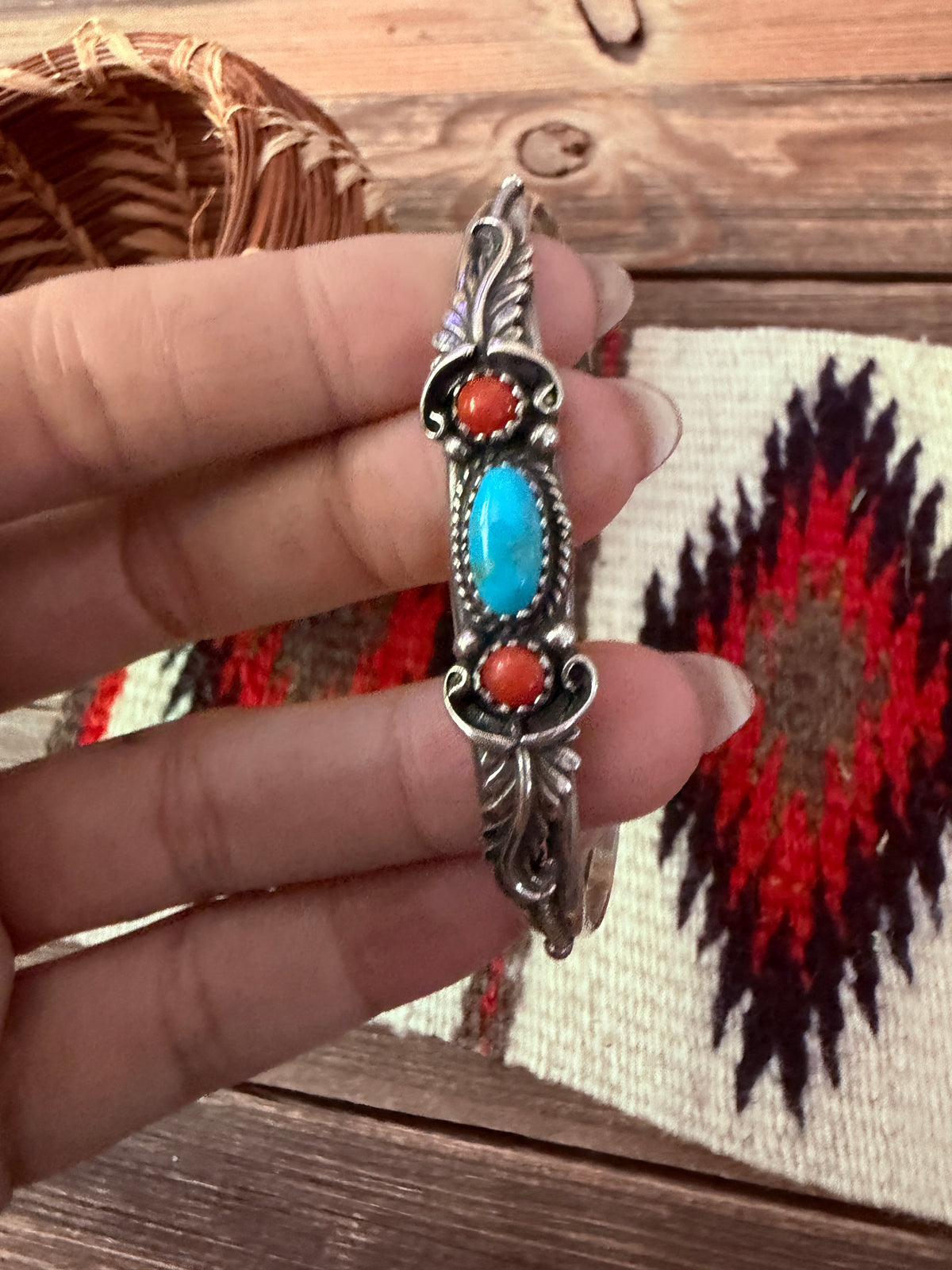 Handcrafted Turquoise, Coral & Sterling Silver Cuff Bracelet