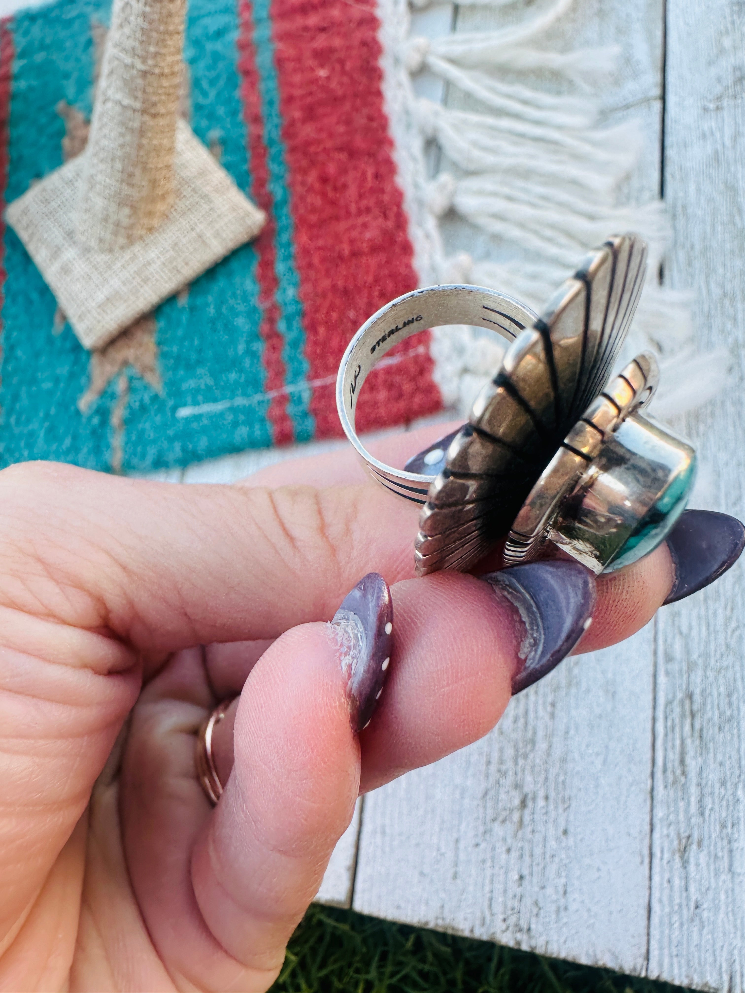 Old Pawn Handcrafted Turquoise & Sterling Silver Ring Size 6