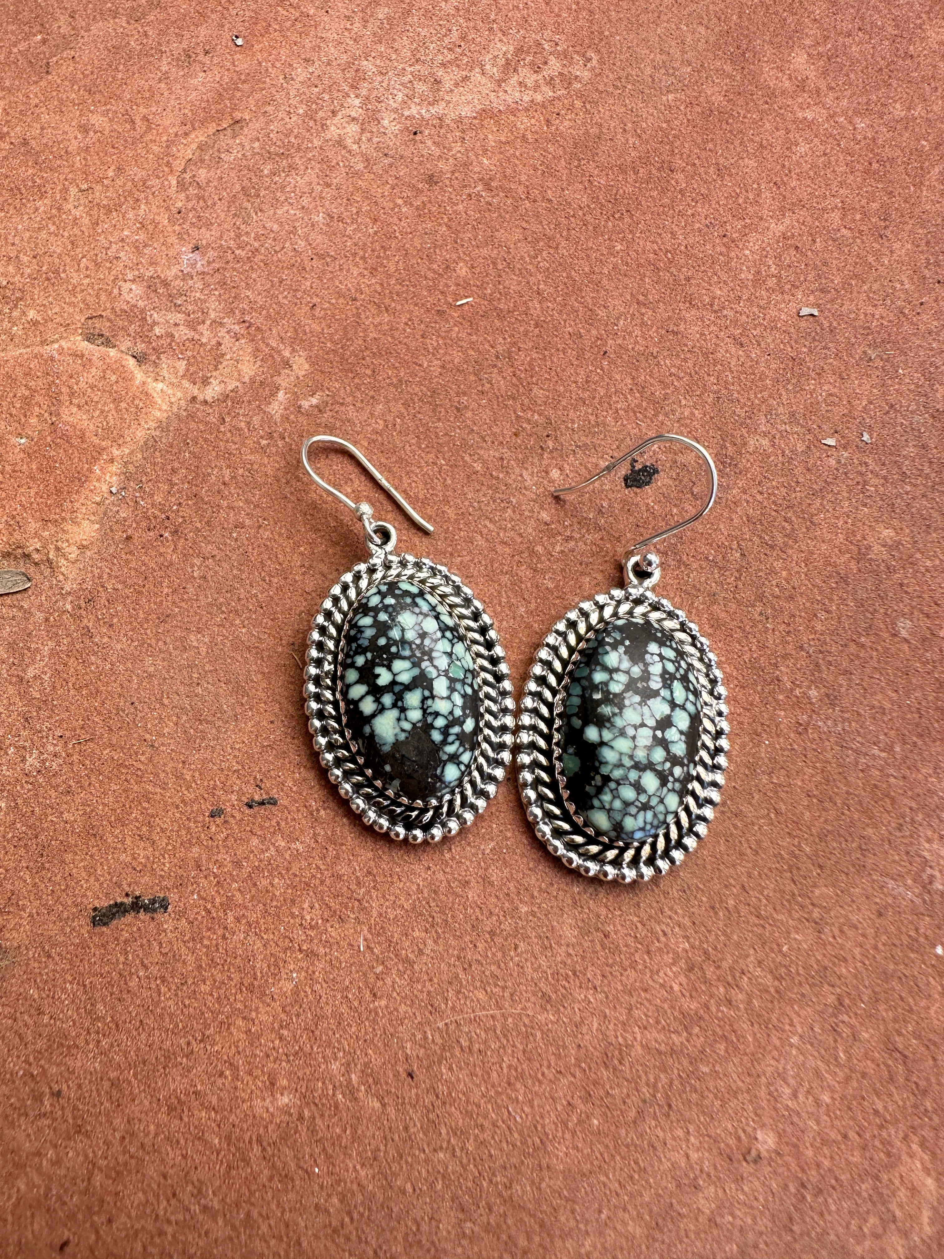 Handmade New Lander Turquoise and Sterling Silver Dangles 1