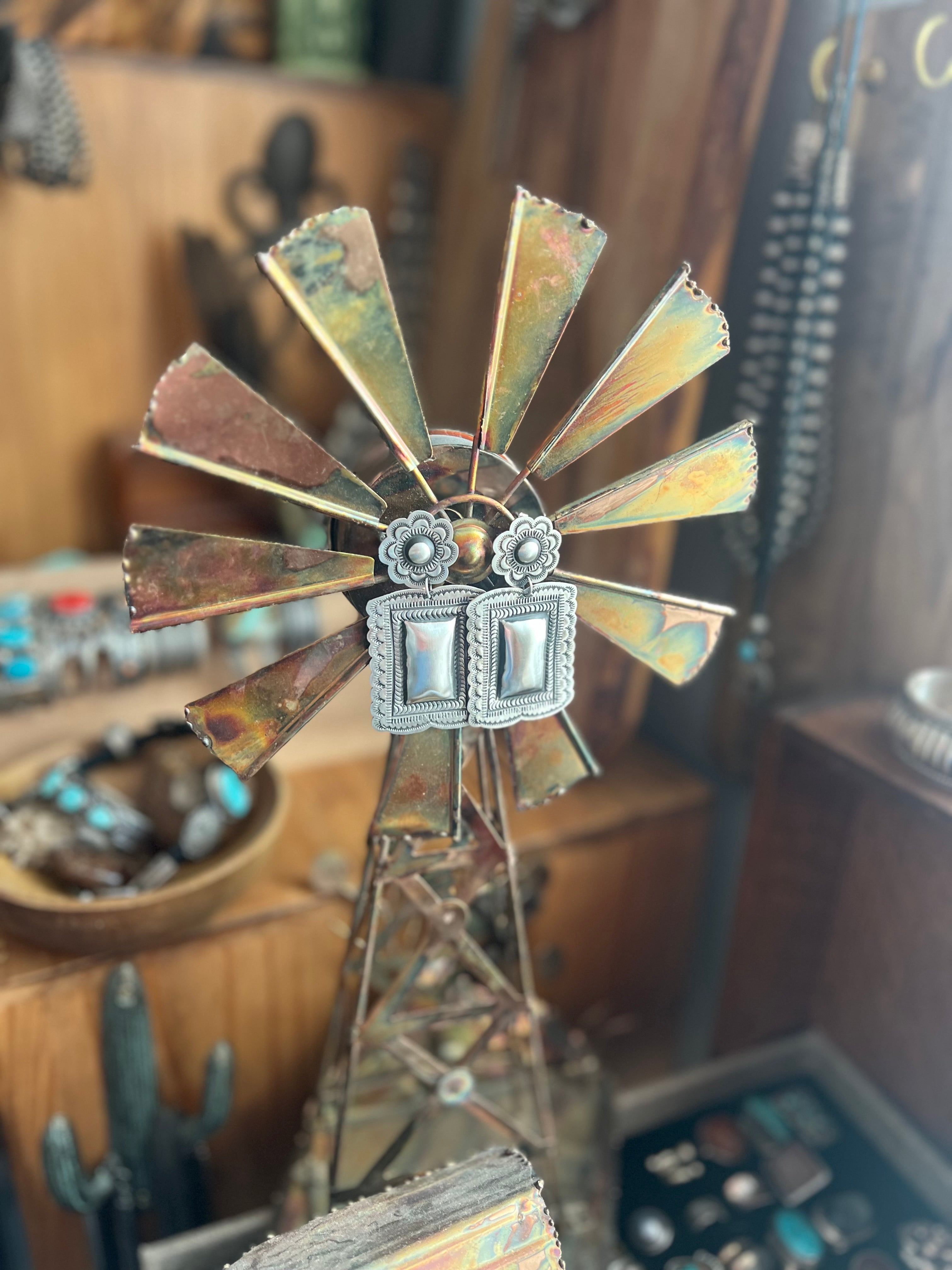 Handcrafted Sterling Silver Stamped Repousse Rectangle Earrings by Leander Tahe, R2