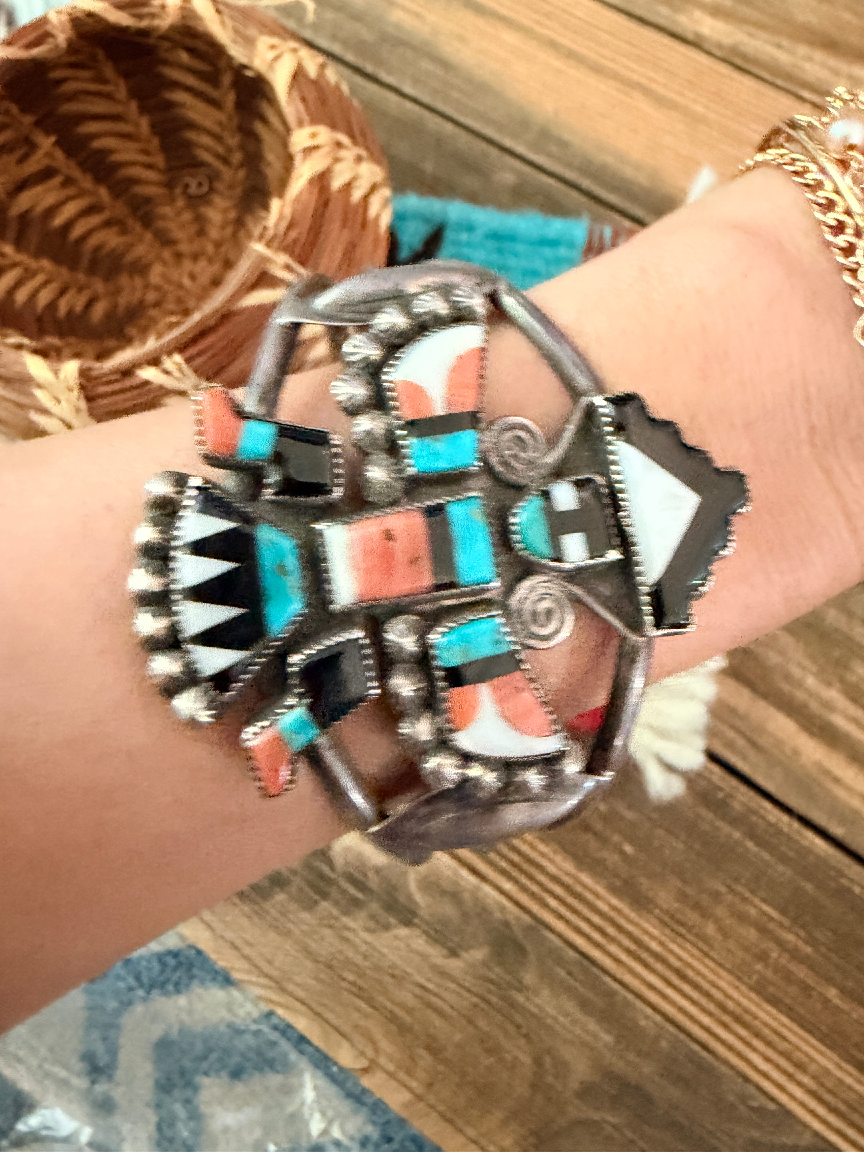 Handcrafted Old Pawn Sterling Silver & Multi Stone Inlay Thunderbird Cuff Bracelet