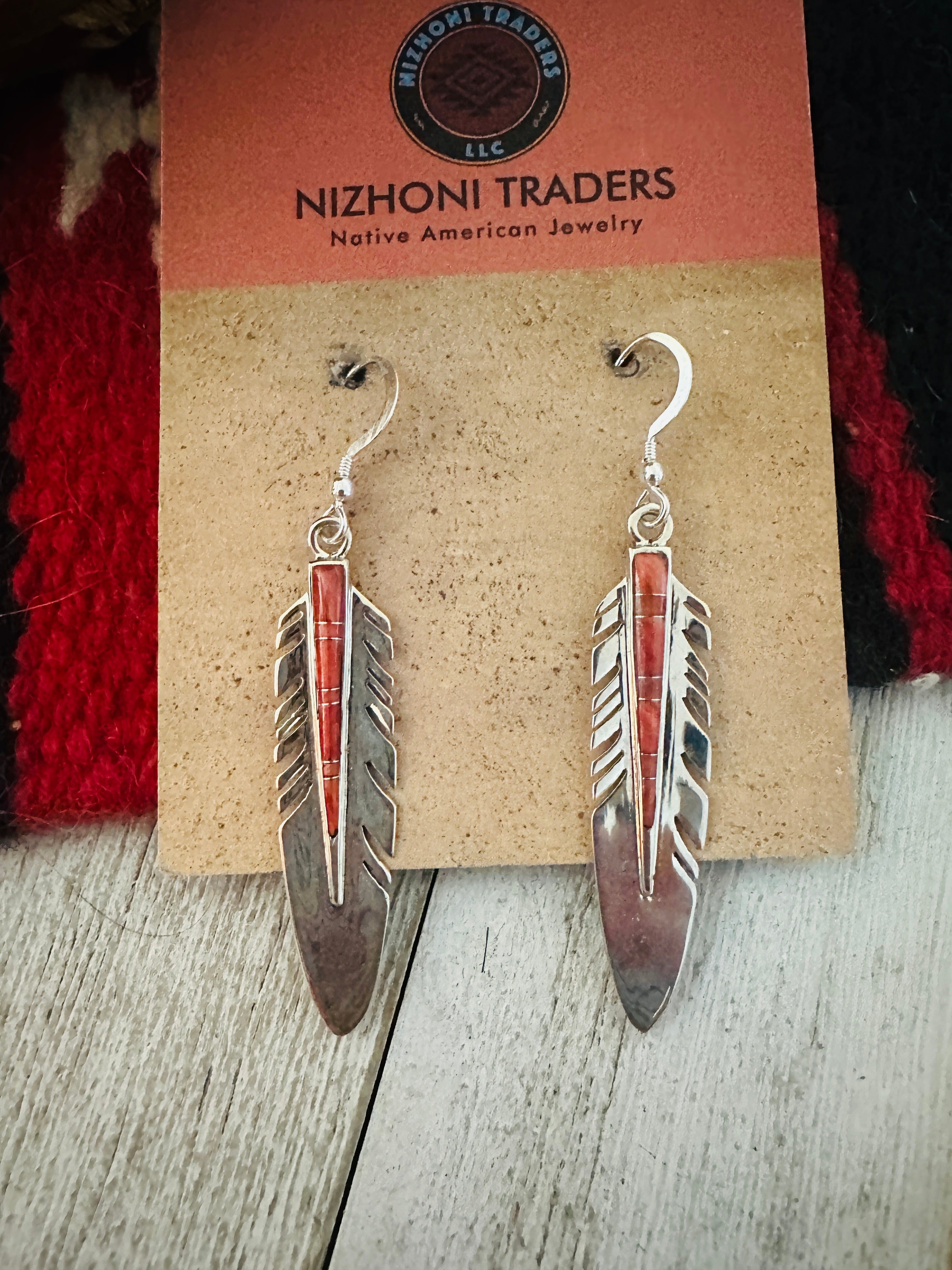 Navajo Spiny Oyster & Sterling Silver Feather Earrings