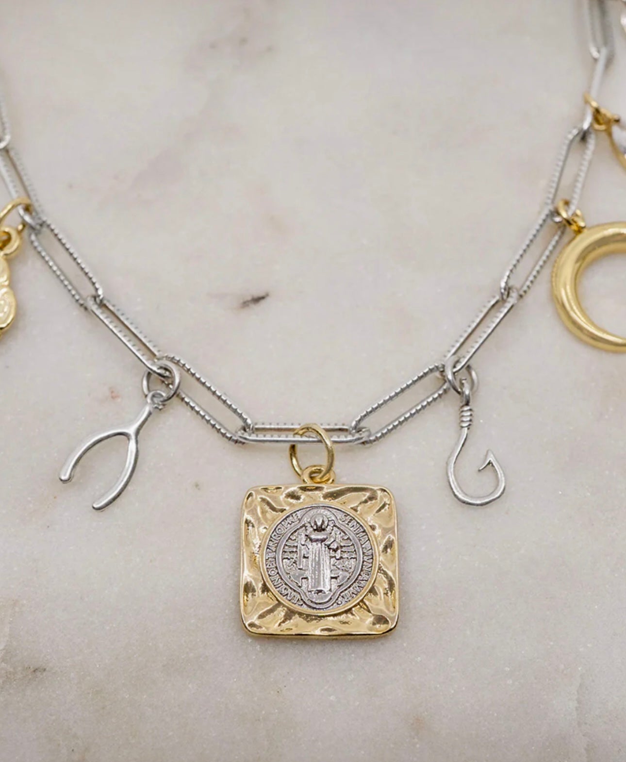 Signs and Symbols Mixed Metals Sterling Silver Charm Necklace