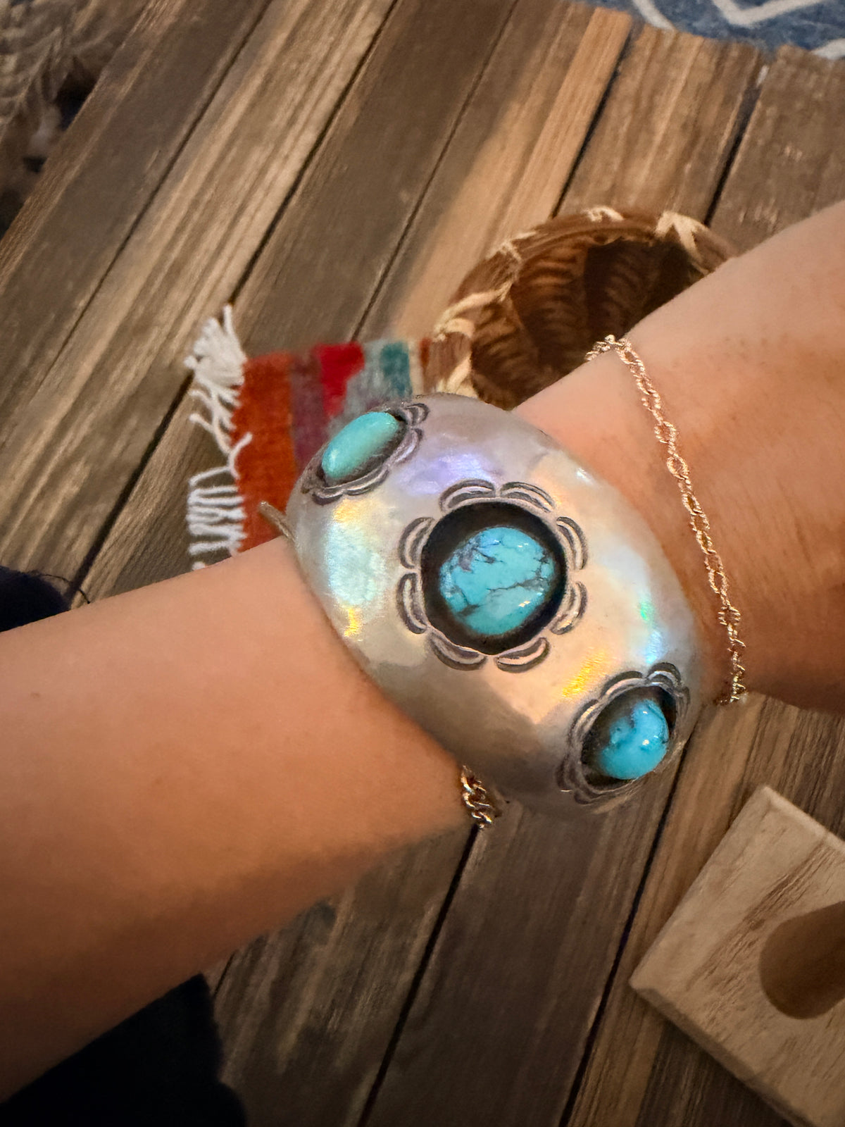 Handcrafted Old Pawn Sterling Silver & Turquoise Cuff Bracelet