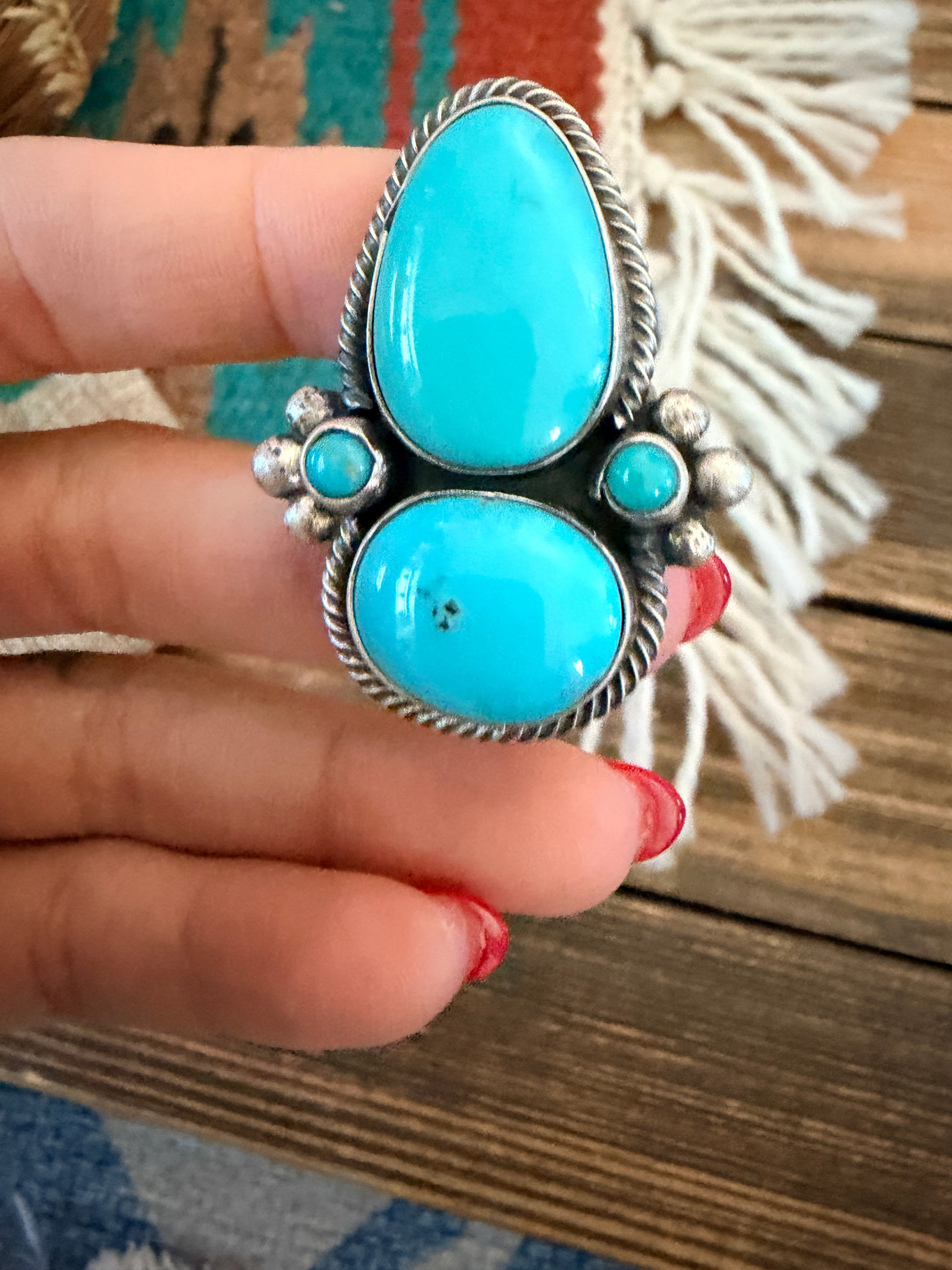 Handcrafted Kingman Turquoise & Sterling Silver Cluster Ring by Sheila Becenti
