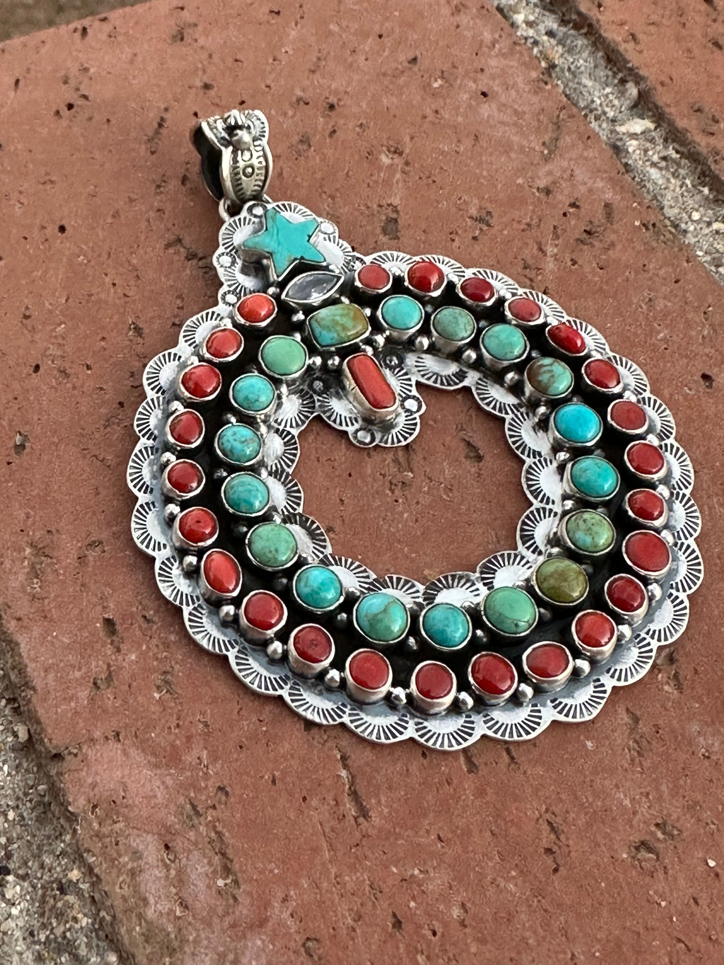 Handmade Sterling Silver, Coral & Kingman Turquoise Christmas Wreath Pendant