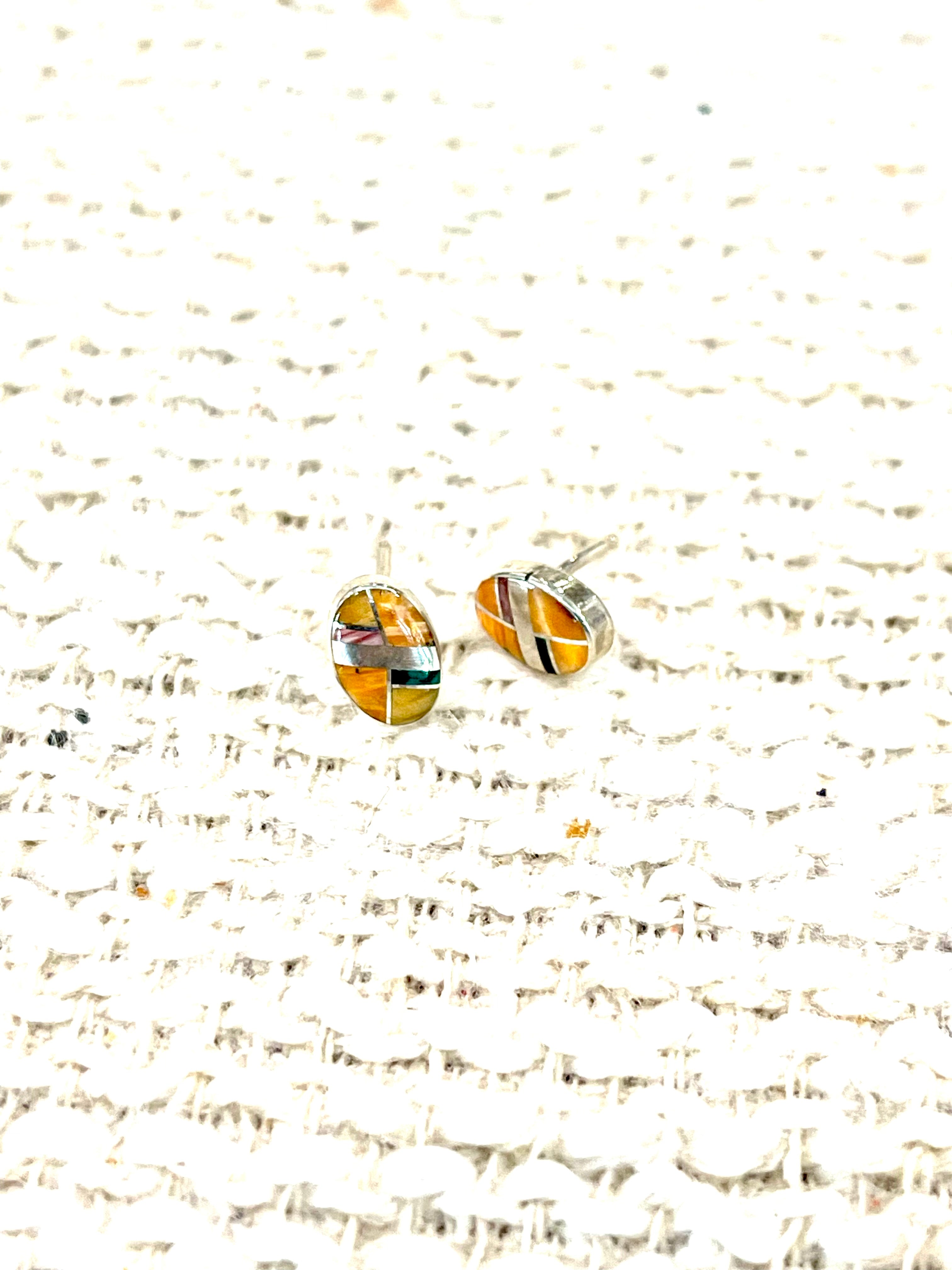 Beautiful Handmade Sterling Silver & Multi Stone Inlay Stud Earrings