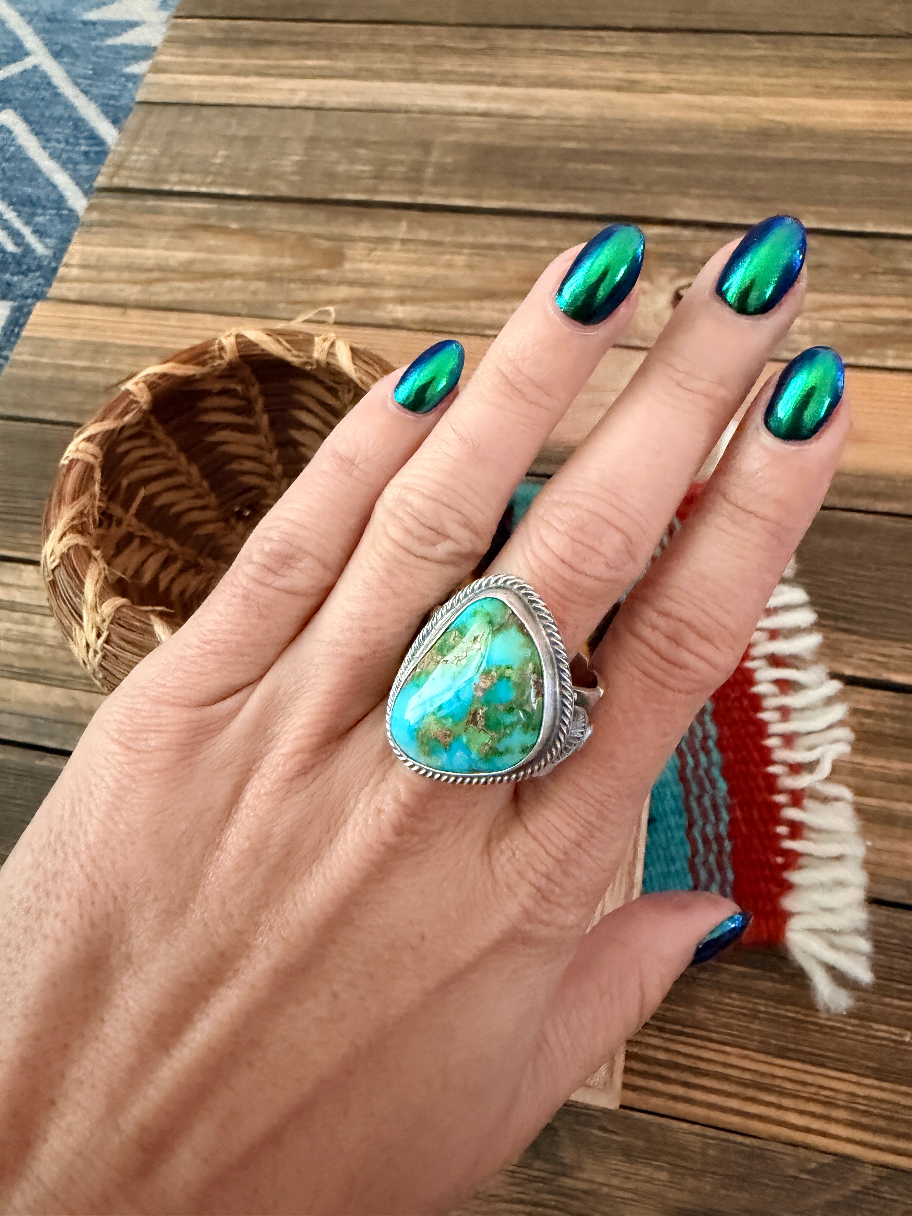 Handcrafted Sonoran Mountain Turquoise & Sterling Silver Ring Size 11.5 by Sheila Tso