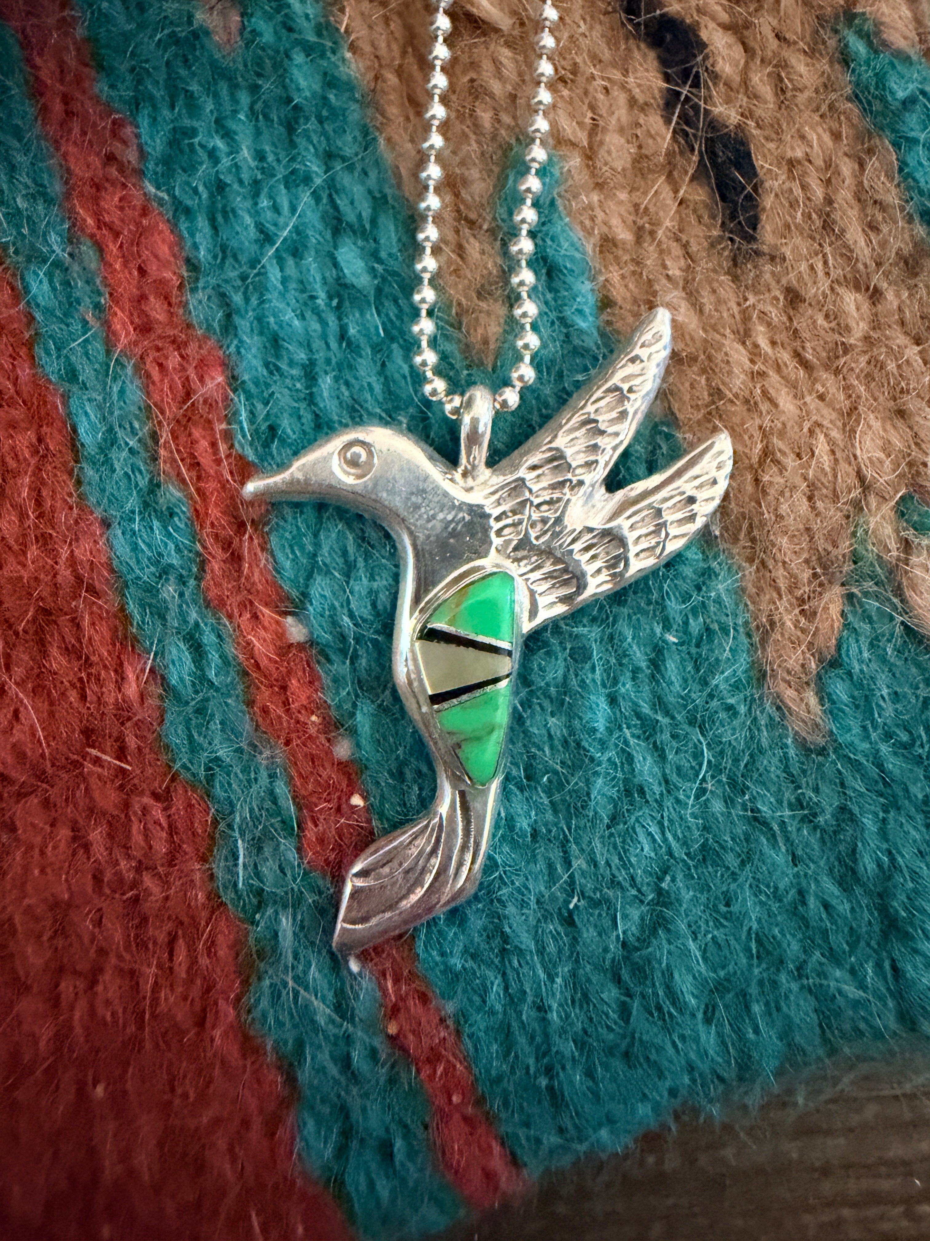 Handcrafted Sterling Silver and Multi Stone Inlay Hummingbird Pendant