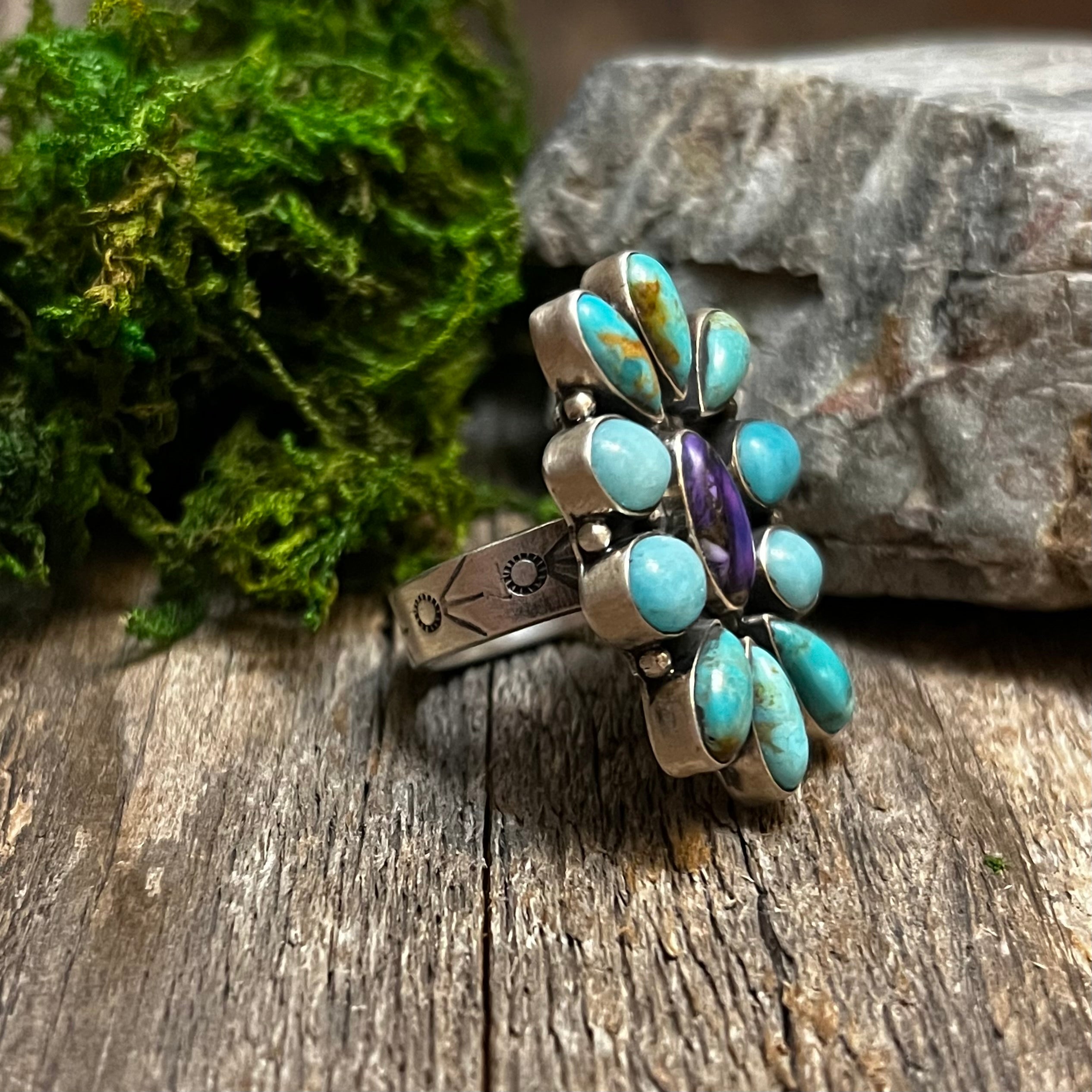 Handmade Sterling Silver Turquoise & Purple Spiny Cluster Ring