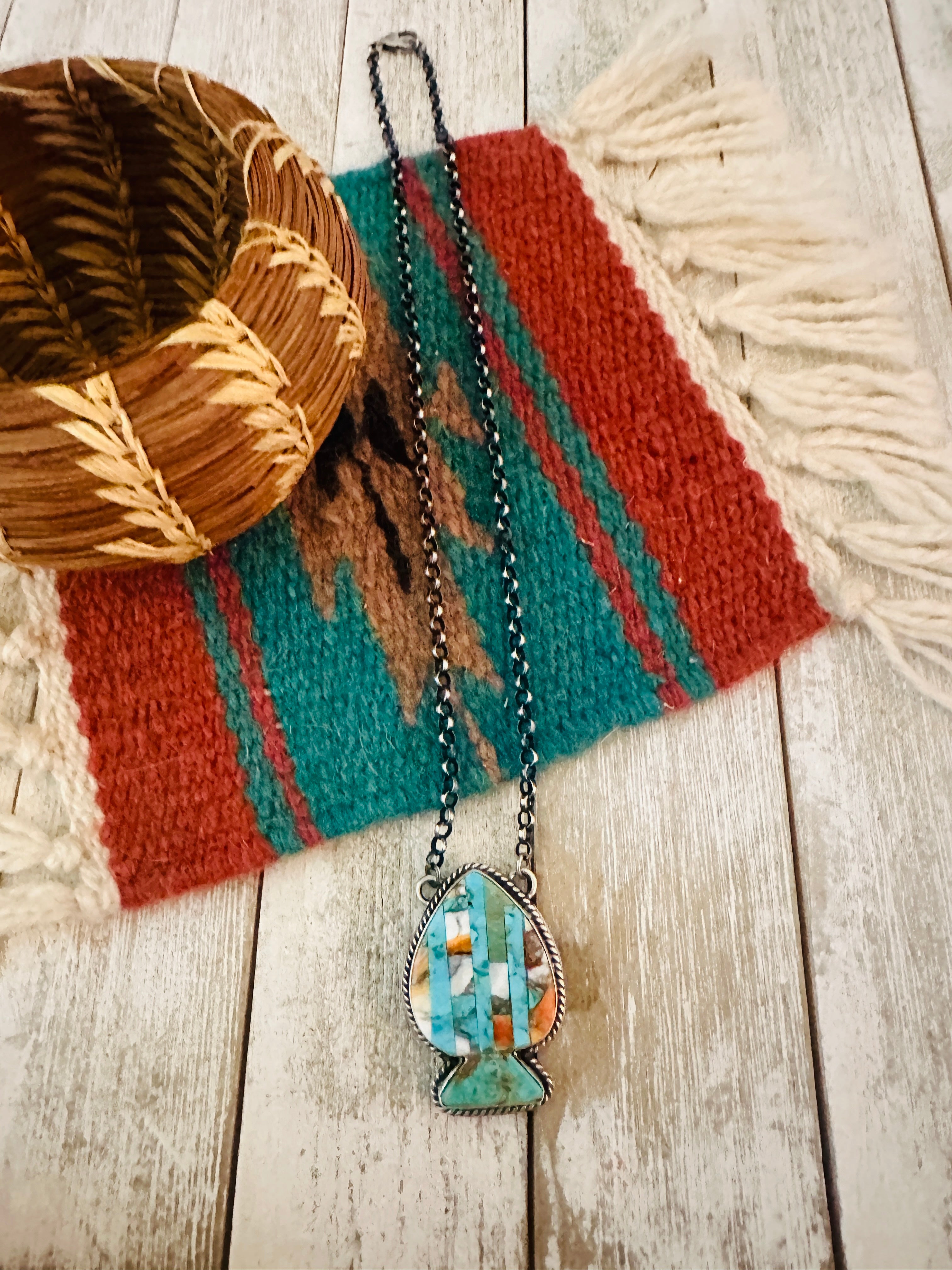 Navajo Sterling Silver & Multi Stone Inlay Spade Necklace