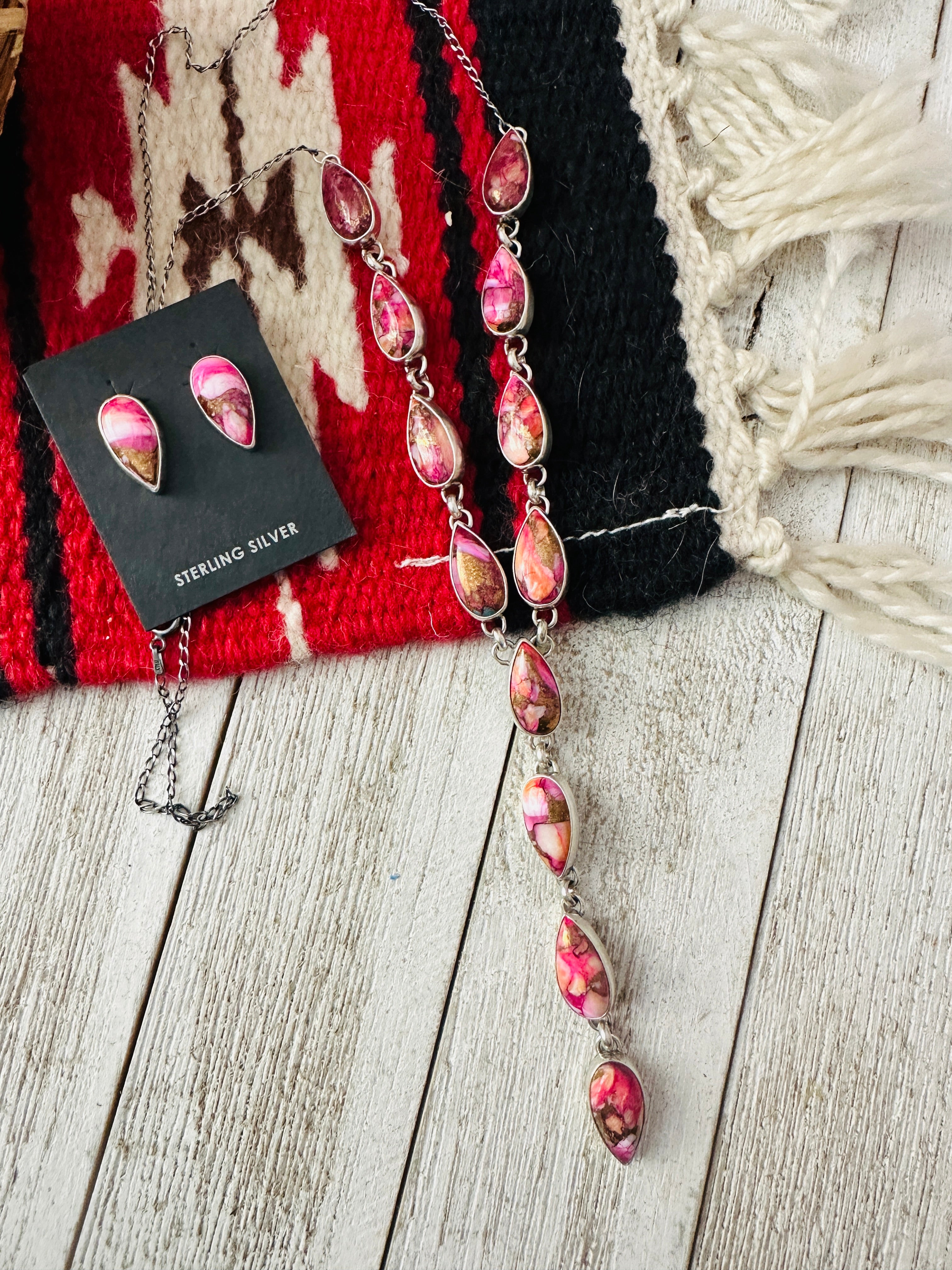 Navajo Sterling Silver & Pink Dream Mojave Lariat Necklace Set