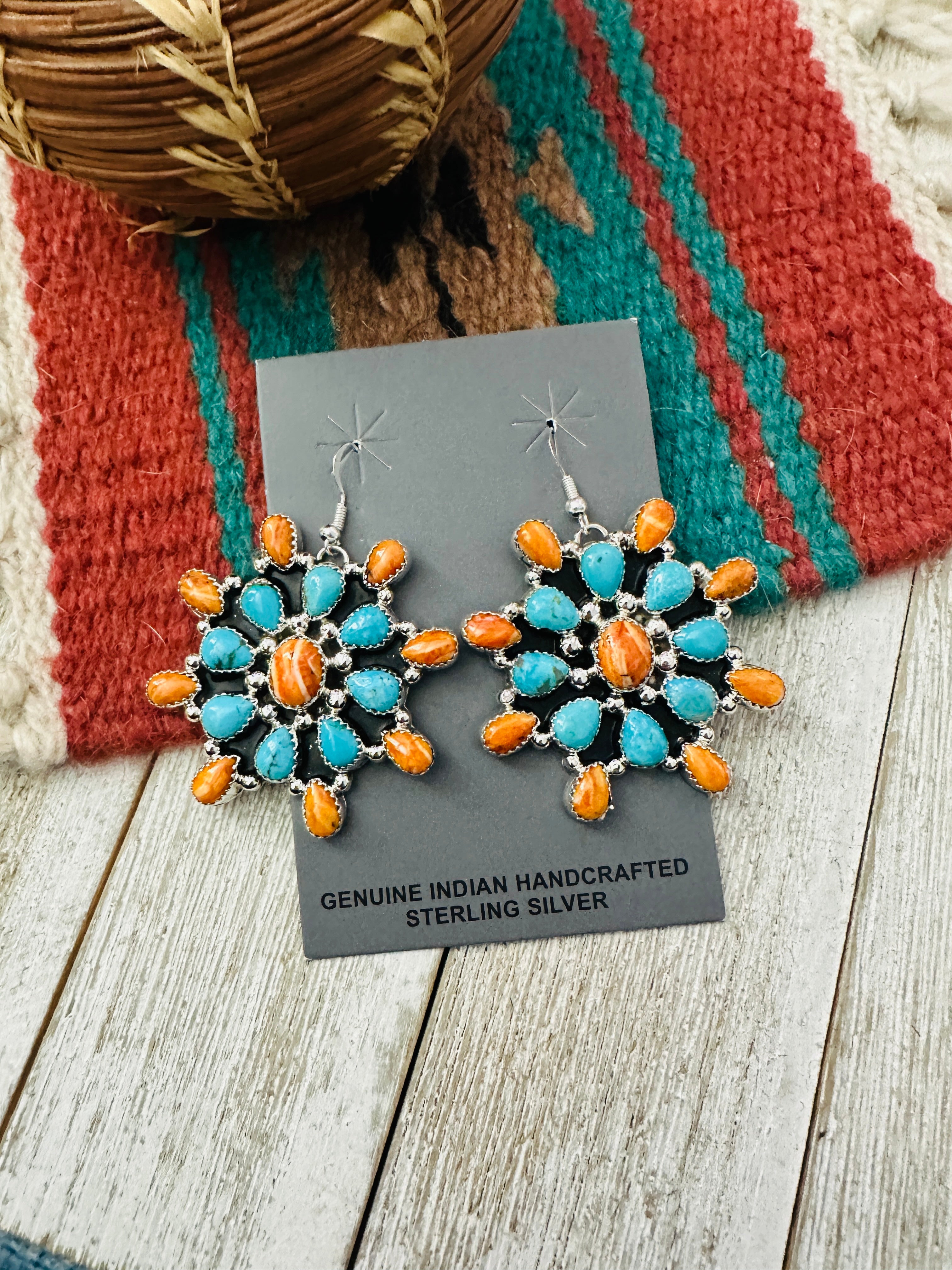 Handcrafted Turquoise, Spiny & Sterling Silver Cluster Dangle Earrings