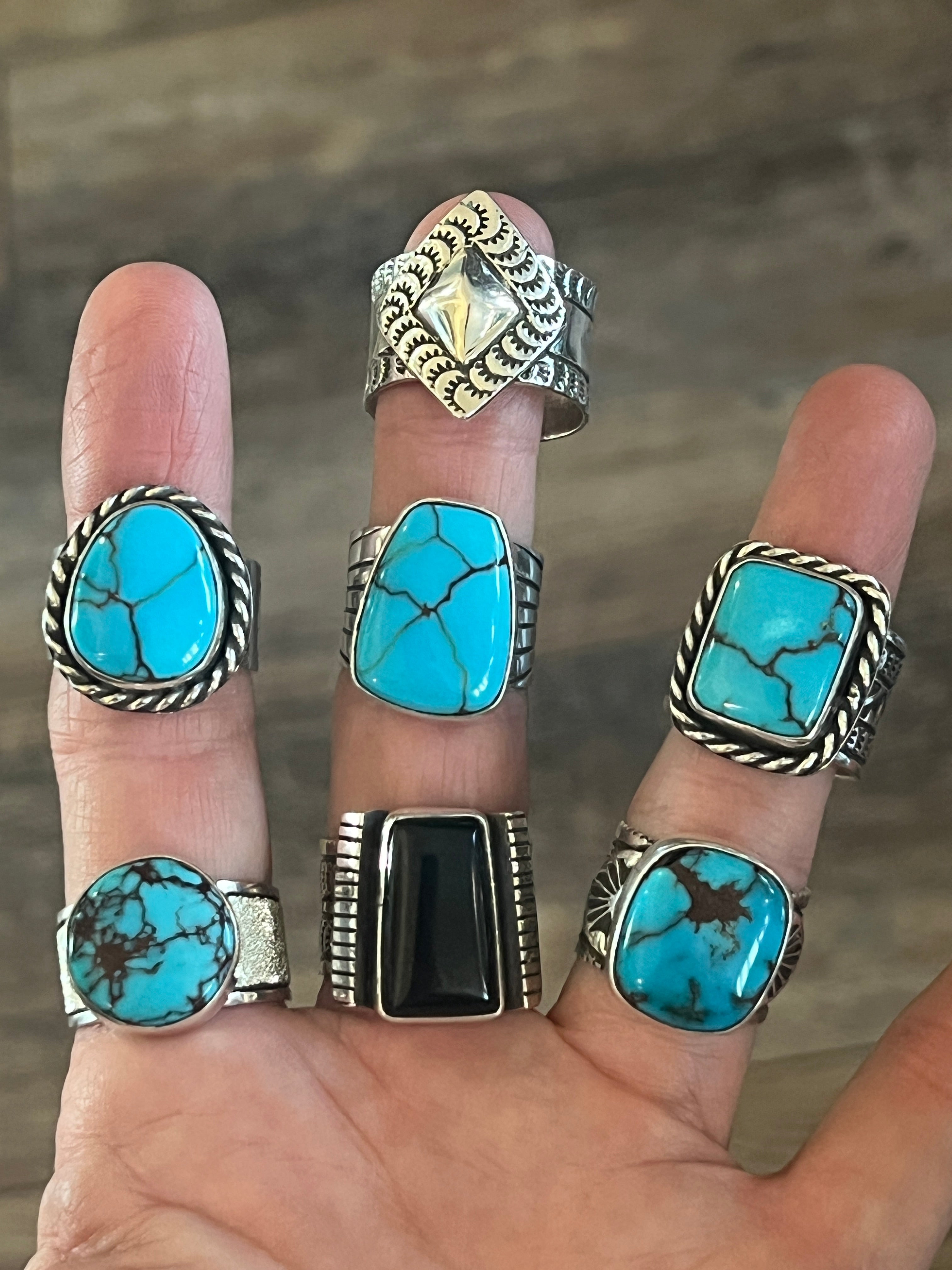 Handcrafted Hand Stamped Sterling Silver Wide Shank Ring with Egyptian Turquoise by Shaun Rogers, Size 9