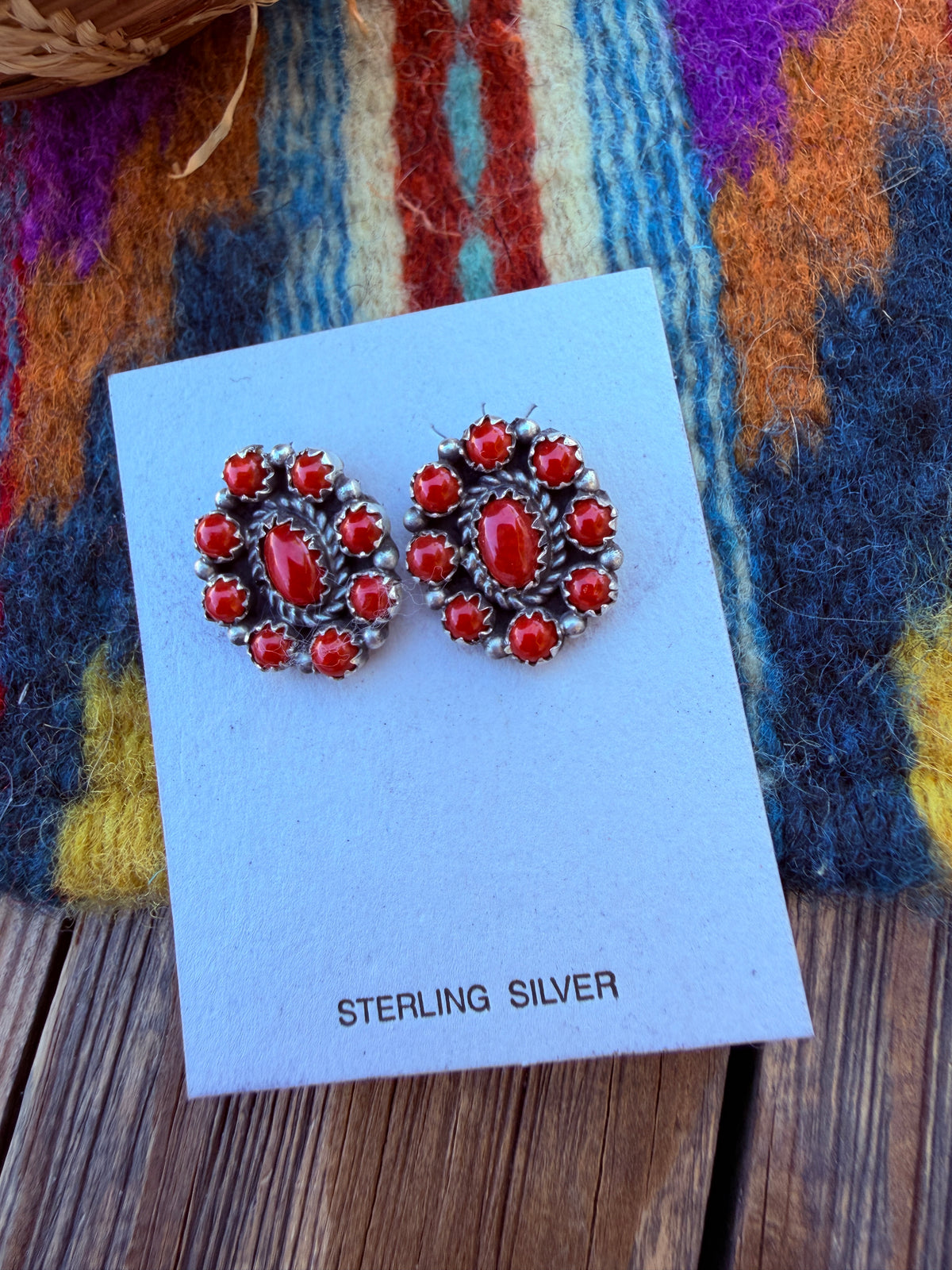 Handcrafted Sterling Silver & Coral Cluster Stud Earrings