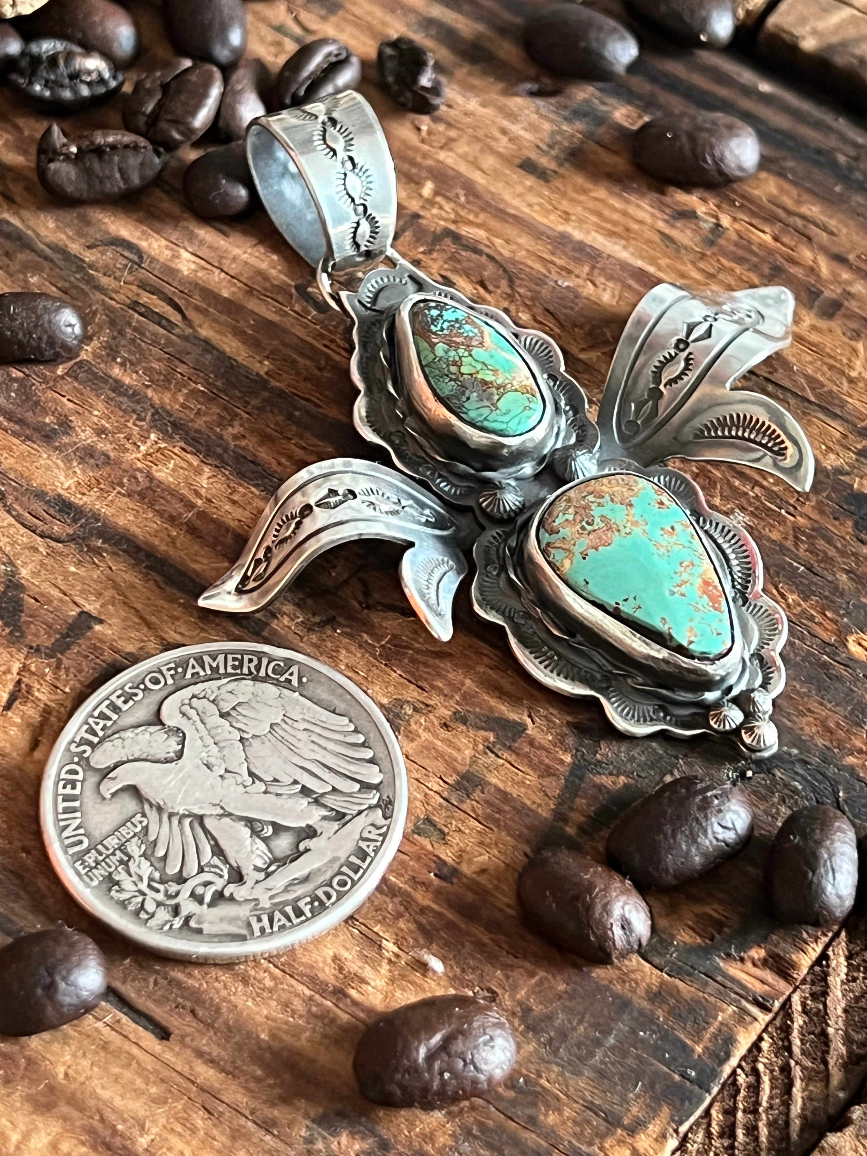 Handcrafted Kimari Somers Sterling Silver and Turquoise Winged Bug Pendant