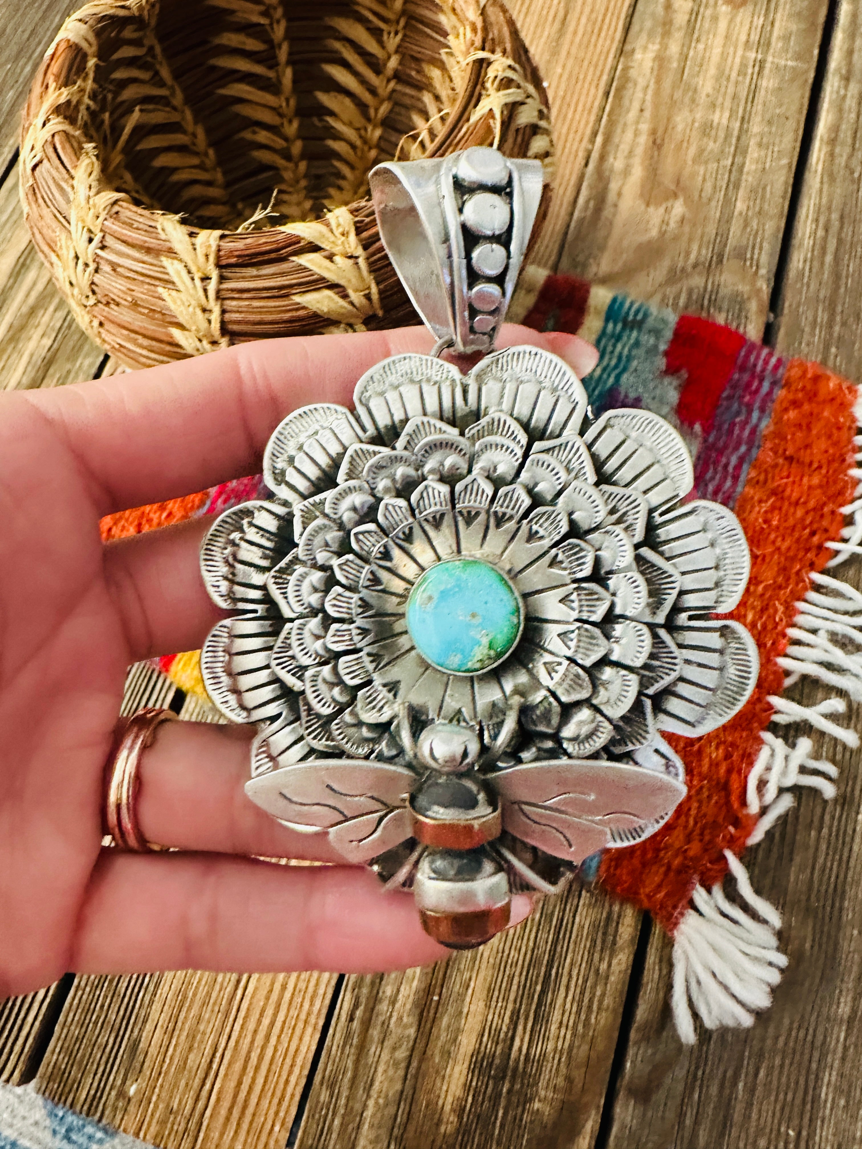 Handcrafted Sterling Silver & Turquoise Flower Bumblebee Pendant by Patrick Yazzie