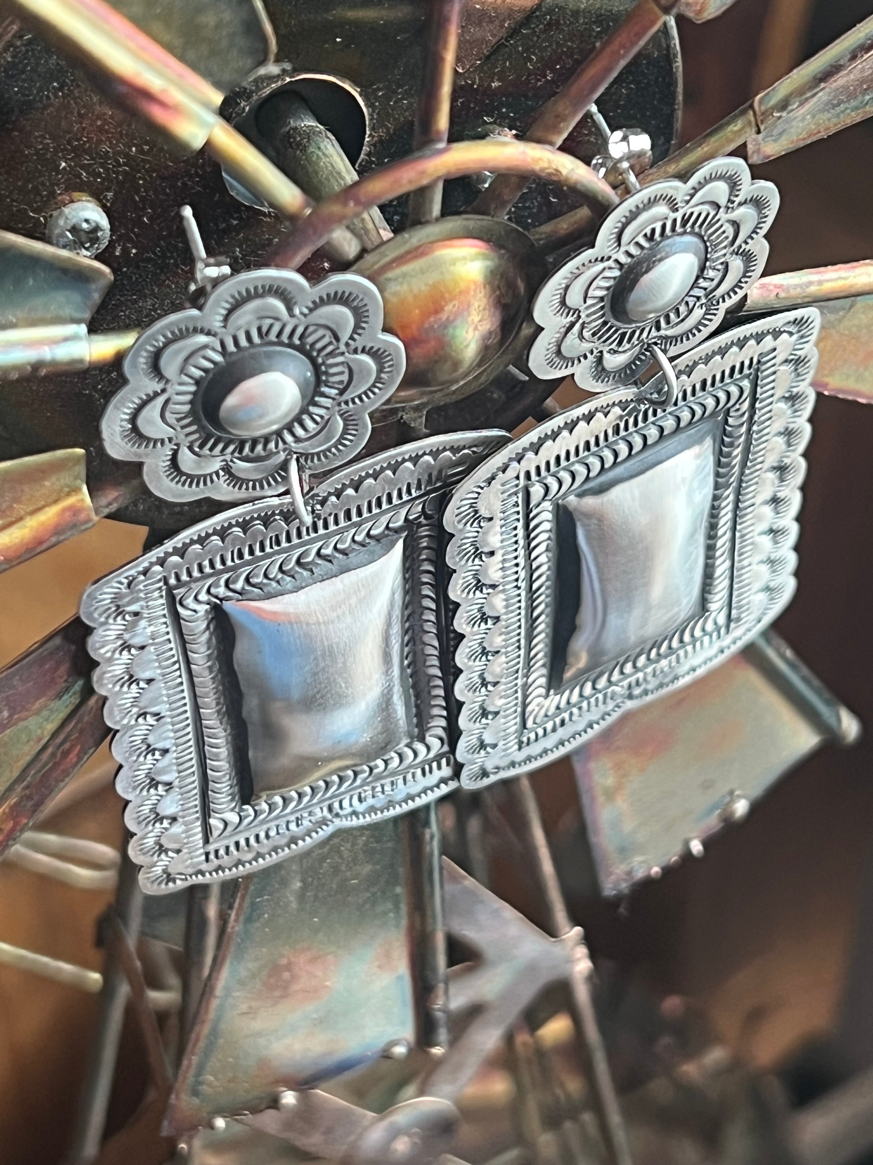 Handcrafted Sterling Silver Stamped Repousse Rectangle Earrings by Leander Tahe, R2