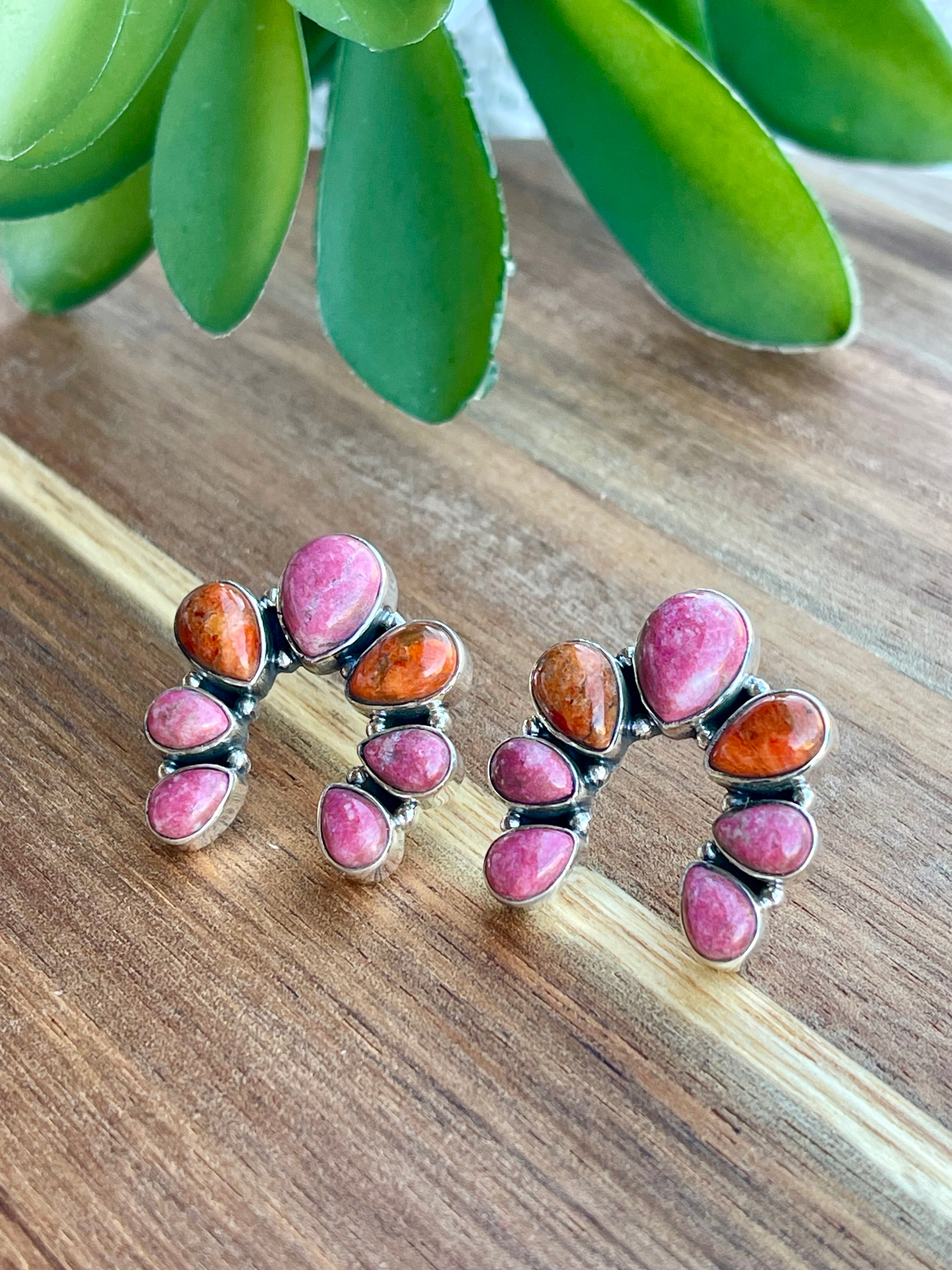 Handmade Orange Mojave, Rhodonite and Sterling Silver Post Naja Earrings Signed Nizhoni