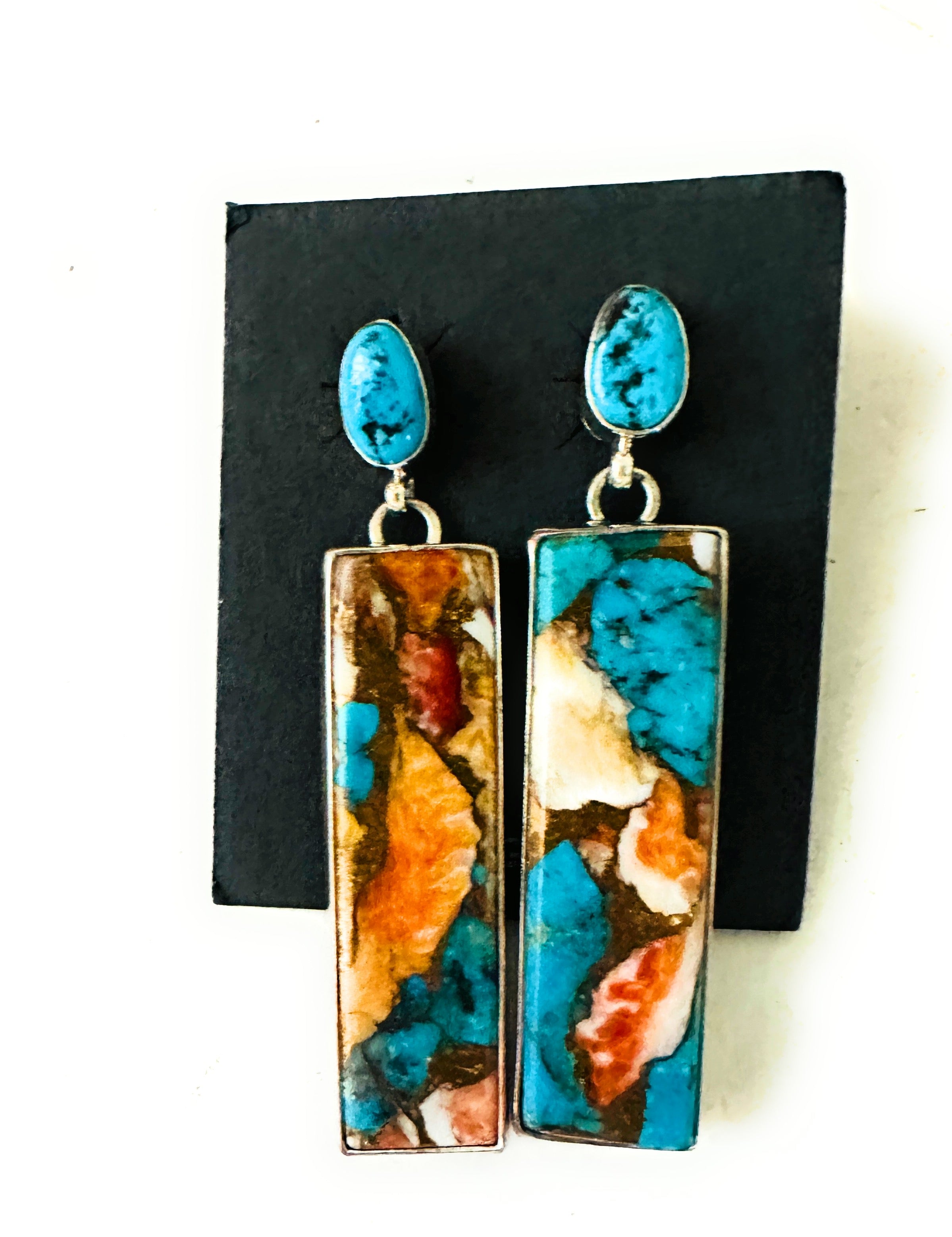 Navajo Sterling Silver, Turquoise & Spice Slab Dangle Earrings