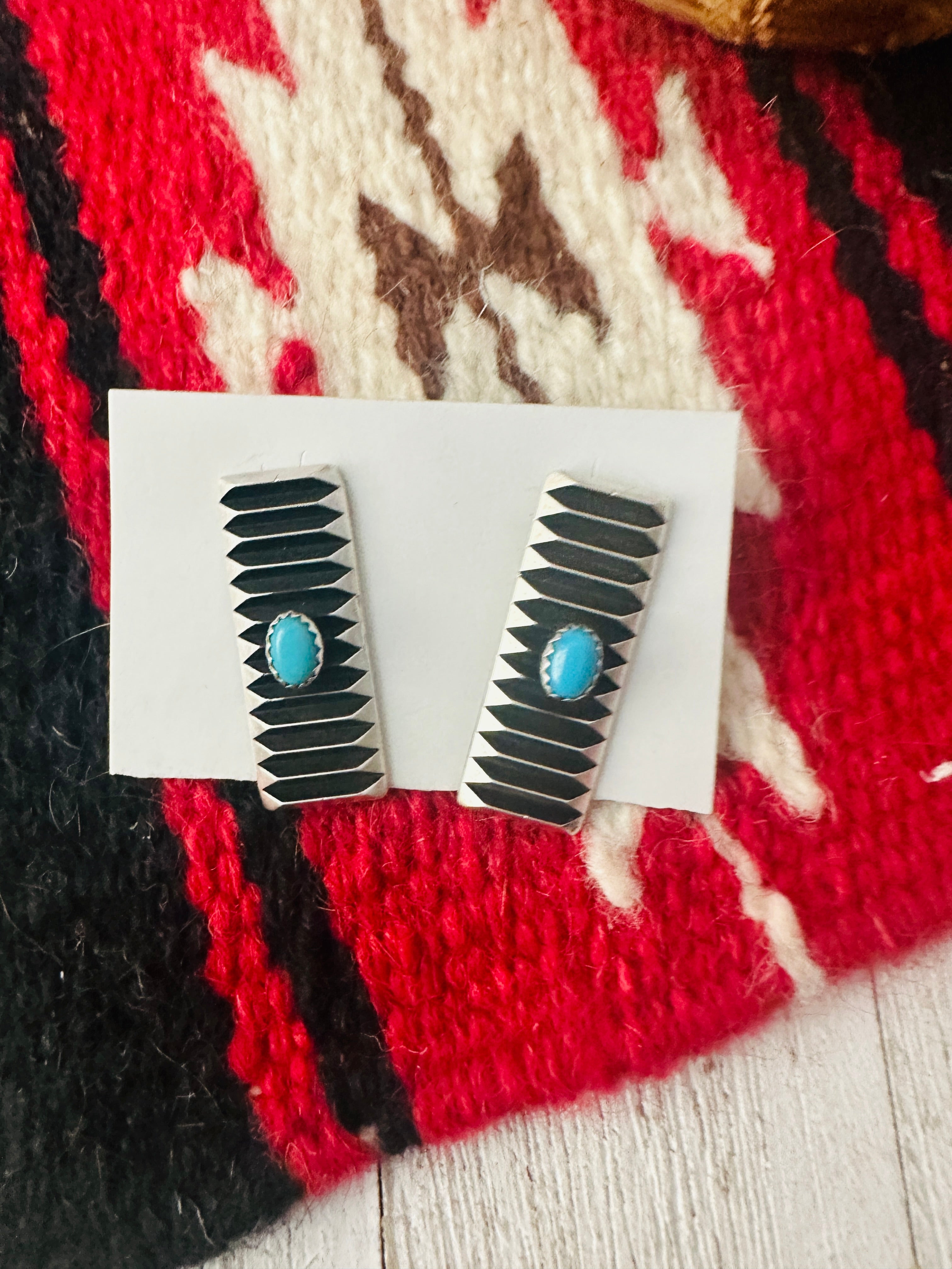 Navajo Turquoise & Sterling Silver Earrings By Leander Tahe