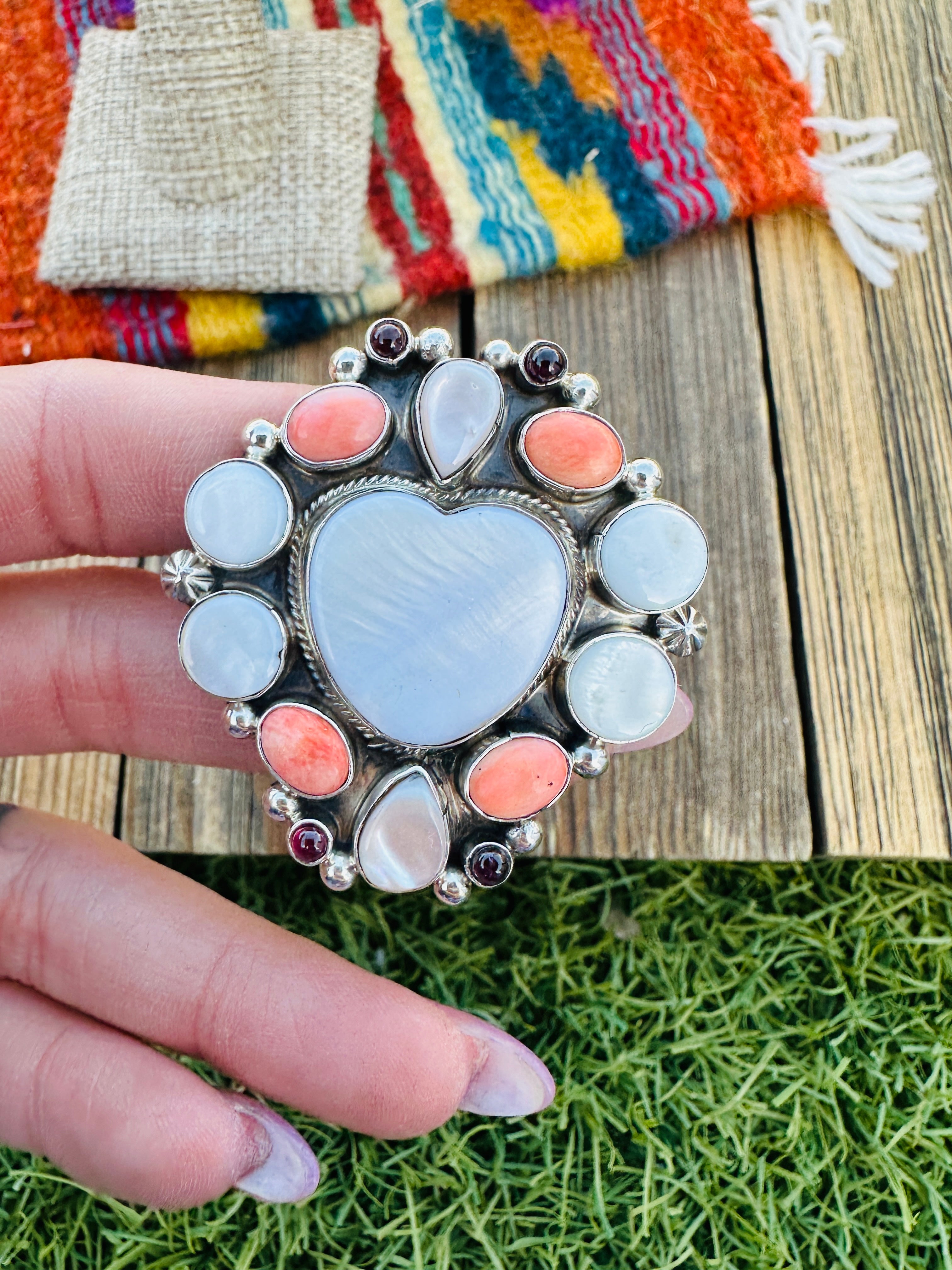 Handcrafted Multi Stone & Sterling Silver Adjustable Heart Ring by Jacqueline Silver