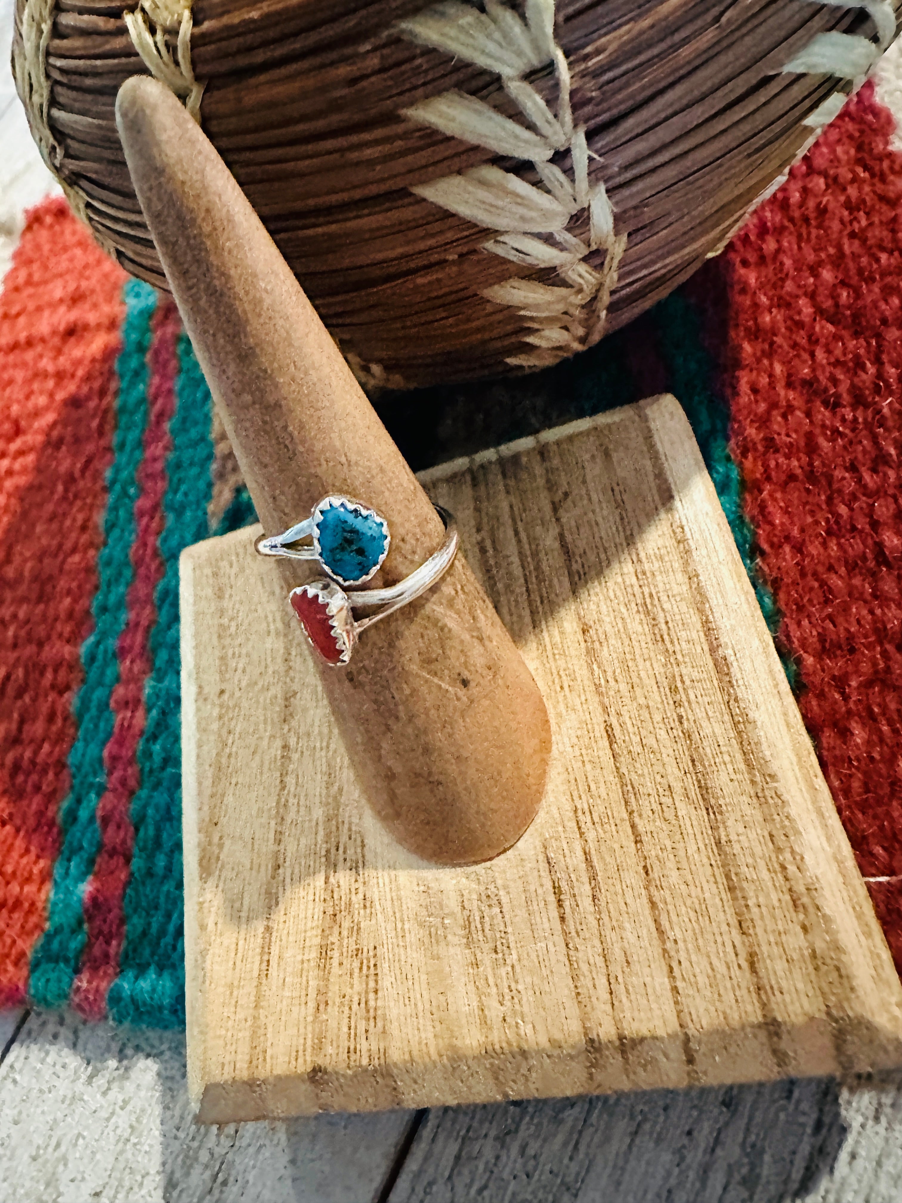 Navajo Sterling Silver, Coral & Turquoise Adjustable Rings