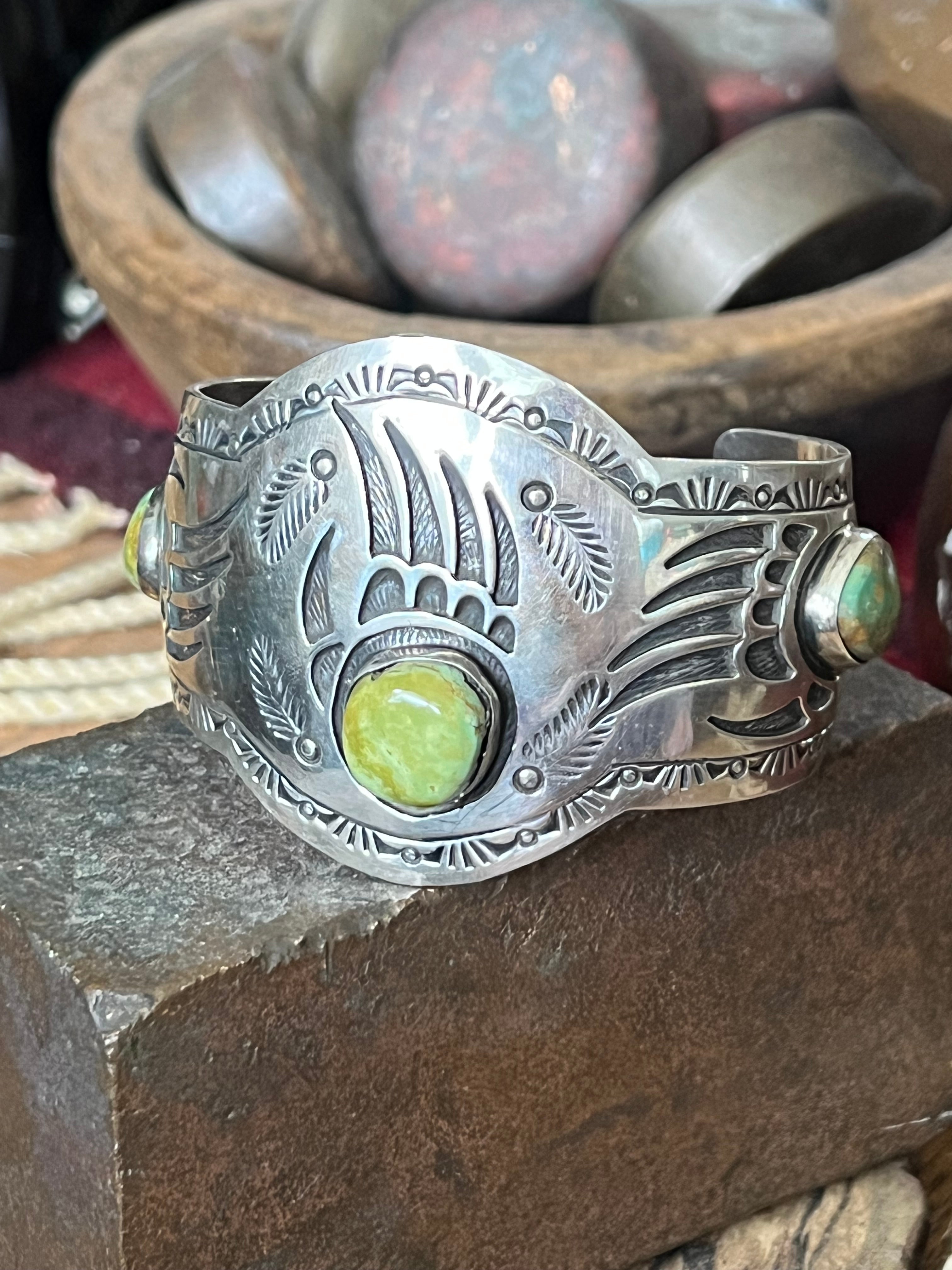 Handcrafted Old Pawn Sterling Silver and Royston Turquoise Overlay Bear Paw Cuff Bracelet by Charlie Bowie /