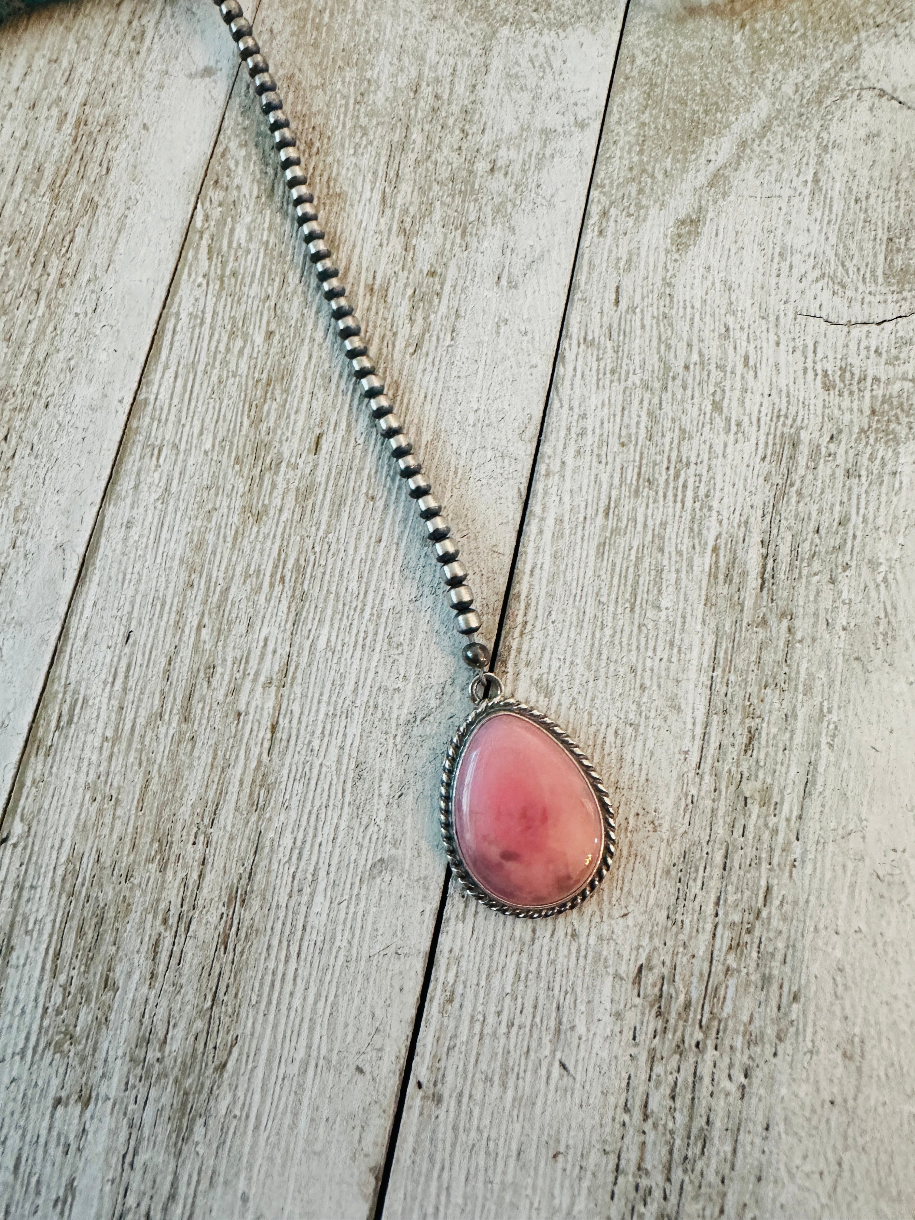 Queen Pink Conch & Sterling Silver Pearl Beaded Lariat Necklace