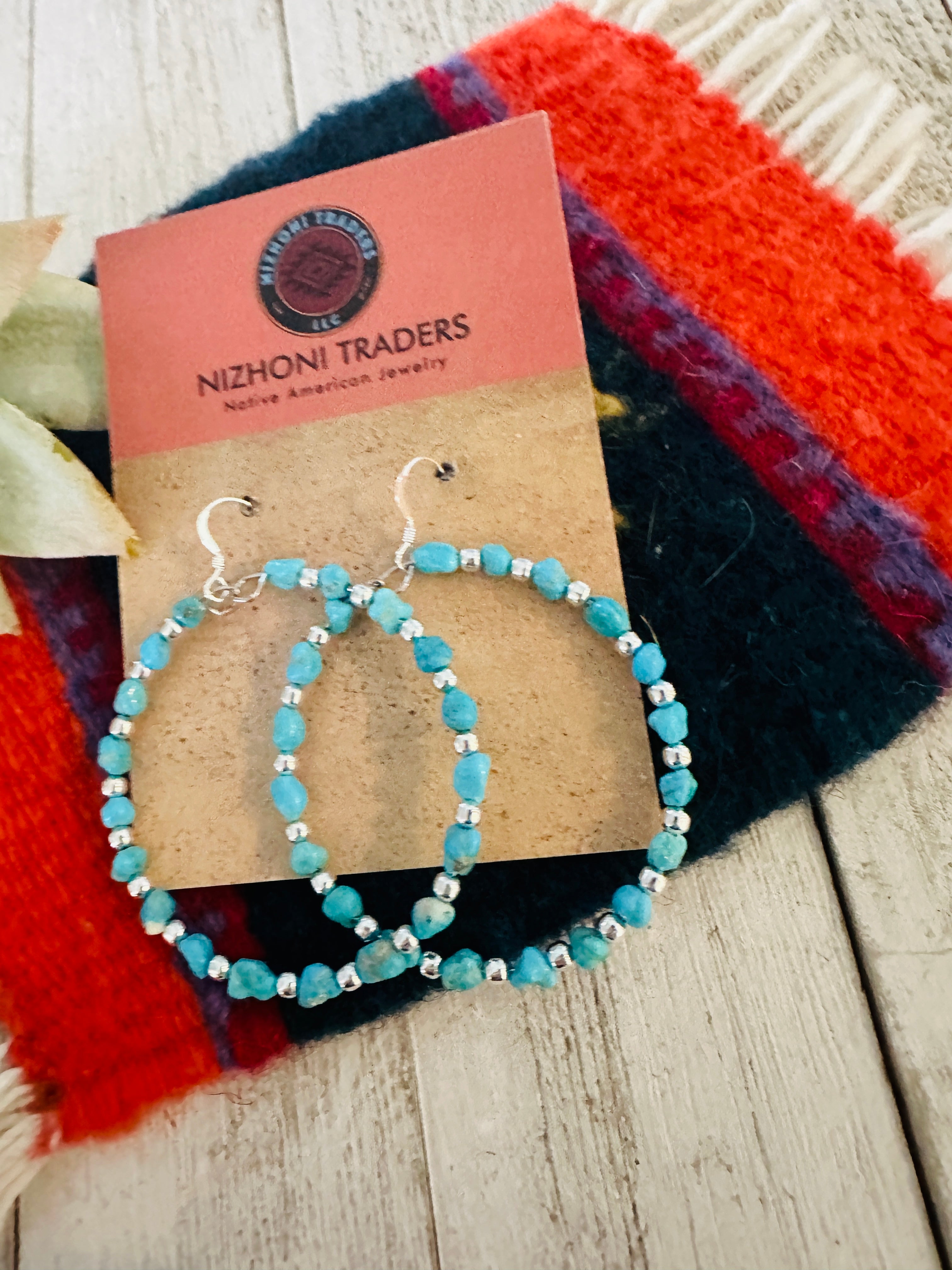 Navajo Turquoise & Sterling Silver Beaded Hoop Dangle Earrings