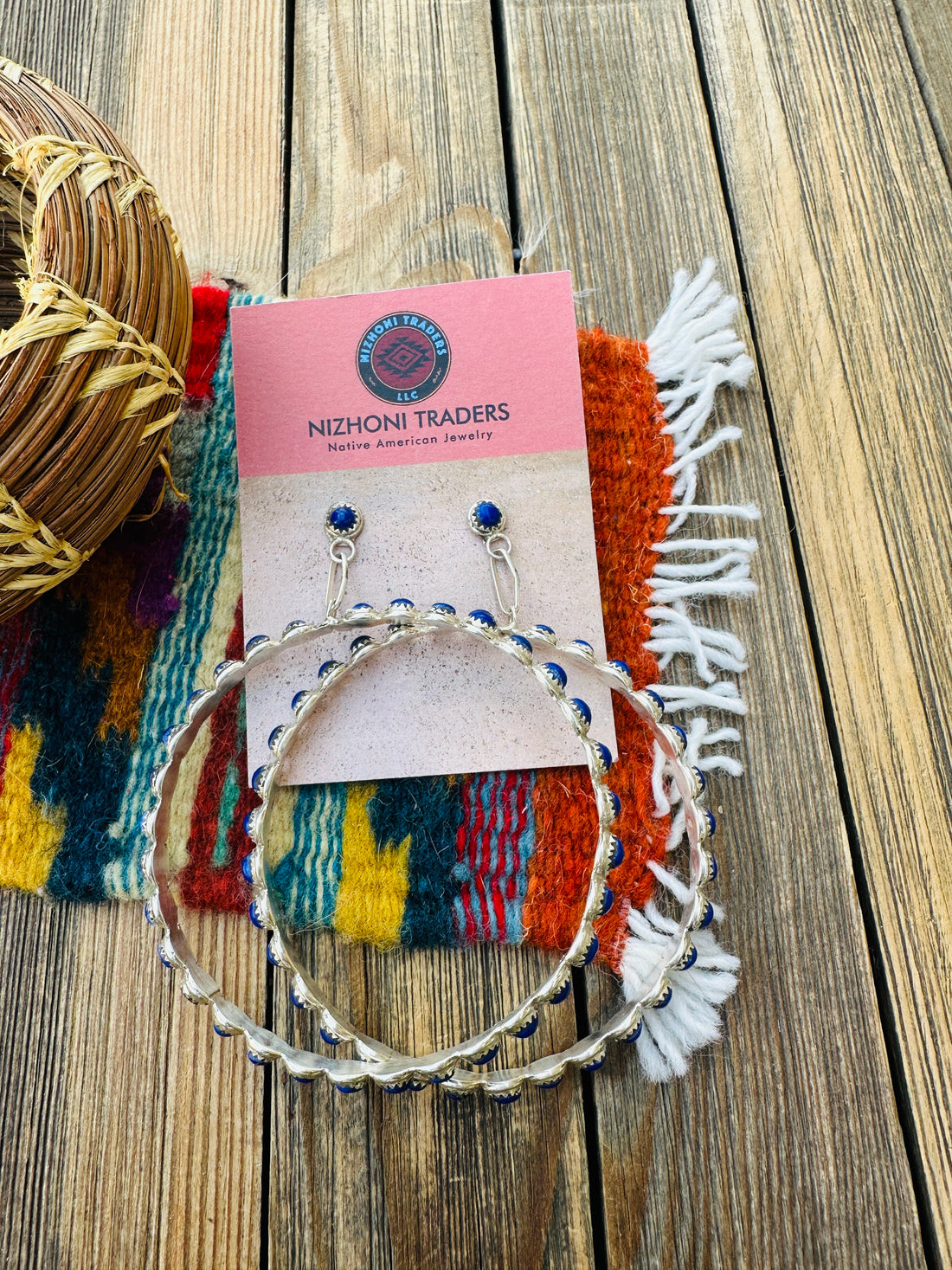 Handcrafted Lapis & Sterling Silver Dangle Hoop Earrings