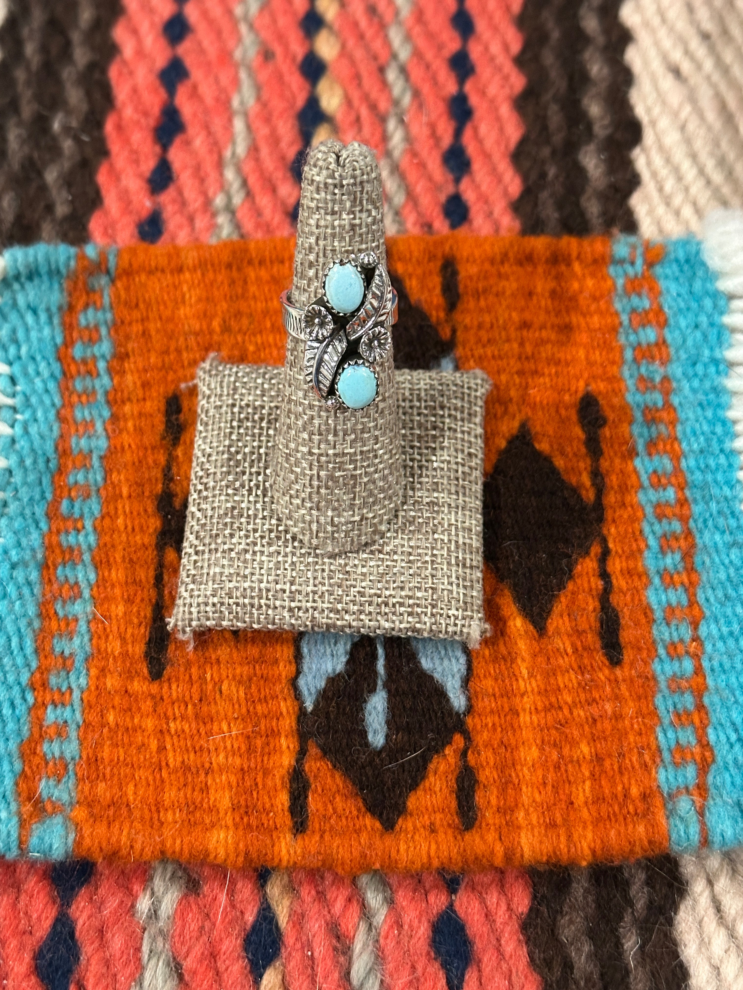 Beautiful Handmade Golden Hills Turquoise And Sterling Silver Adjustable 2 Stone Flower Leaf Ring