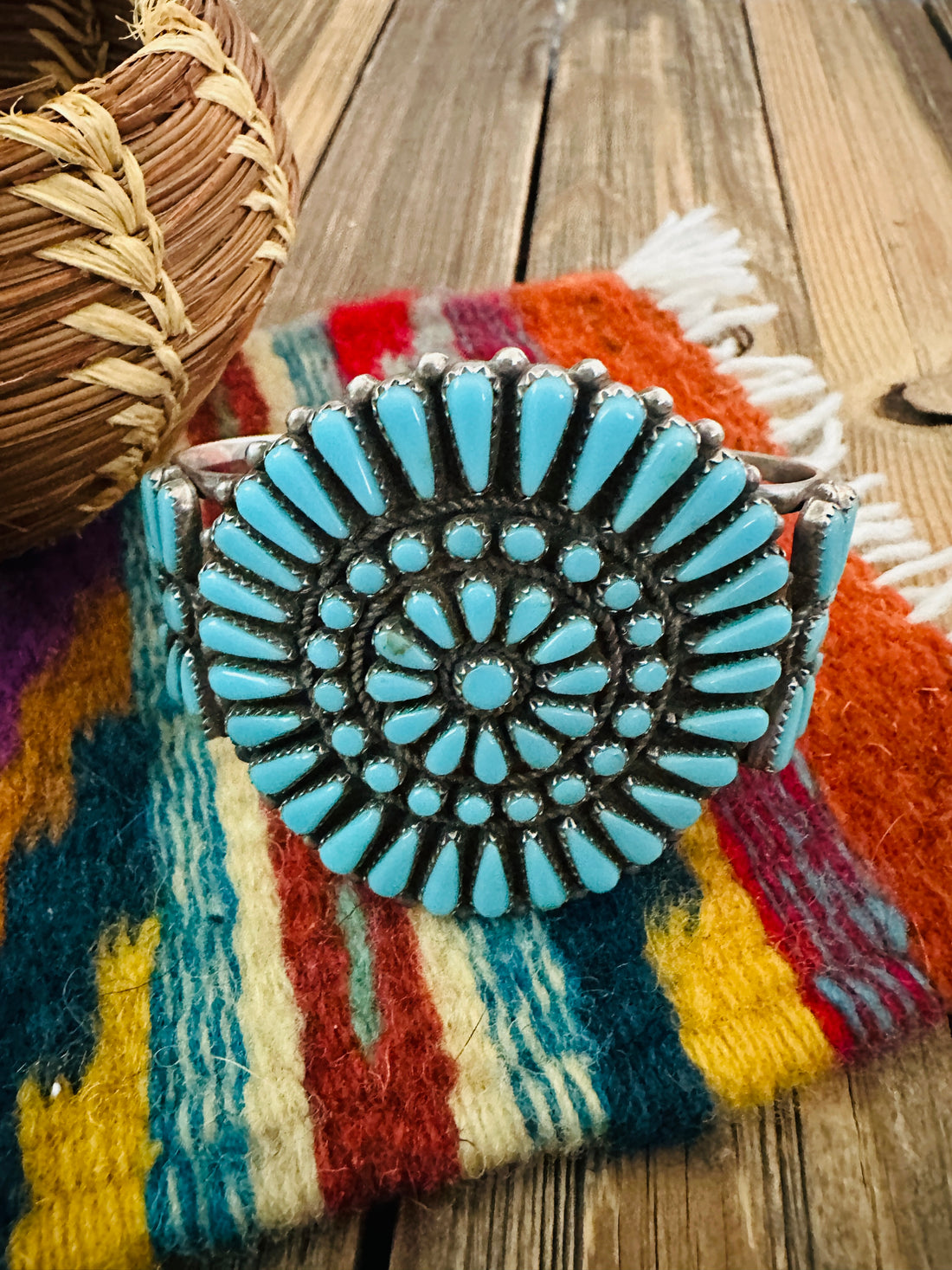 Handcrafted Old Pawn Sterling Silver & Turquoise Cluster Cuff Bracelet