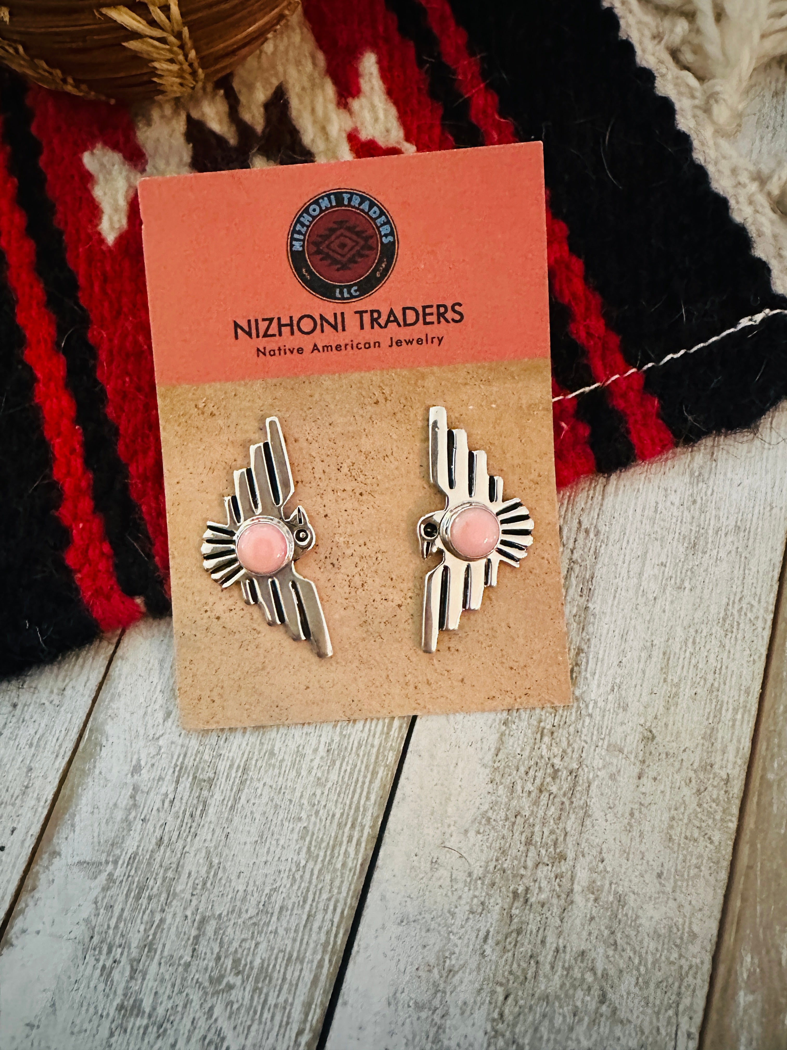 Navajo Sterling Silver & Queen Pink Conch Thunderbird Post Earrings