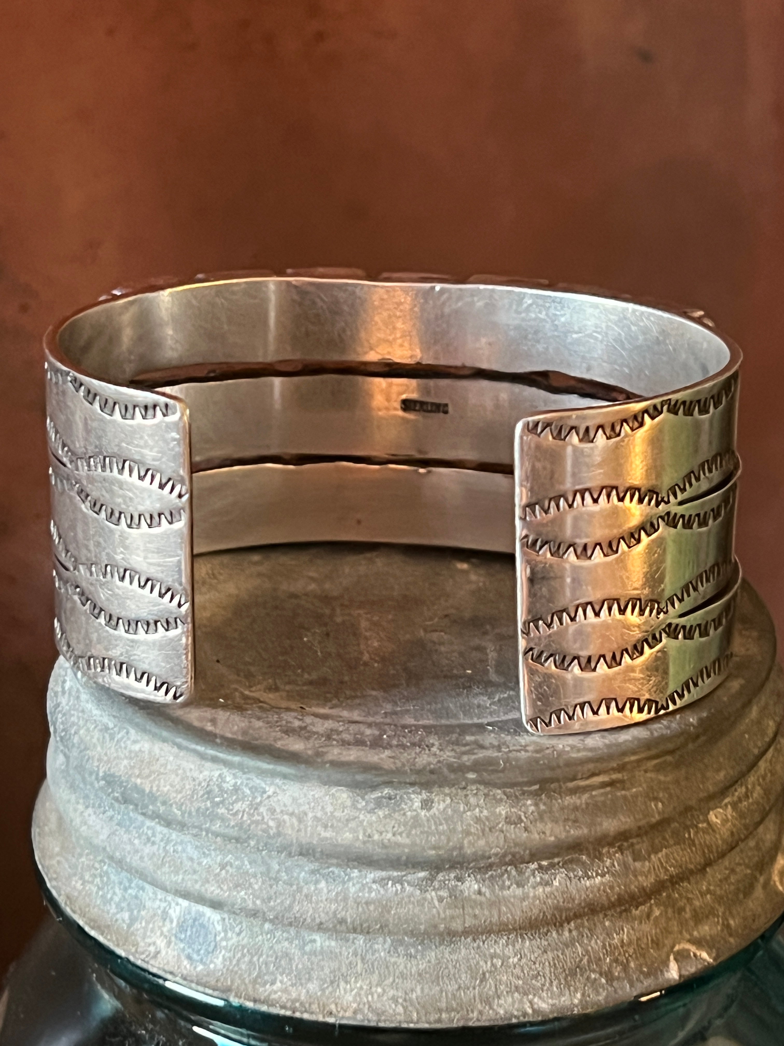 Handcrafted Vintage Sterling Silver and Turquoise Triple Row Square Stone Cuff /