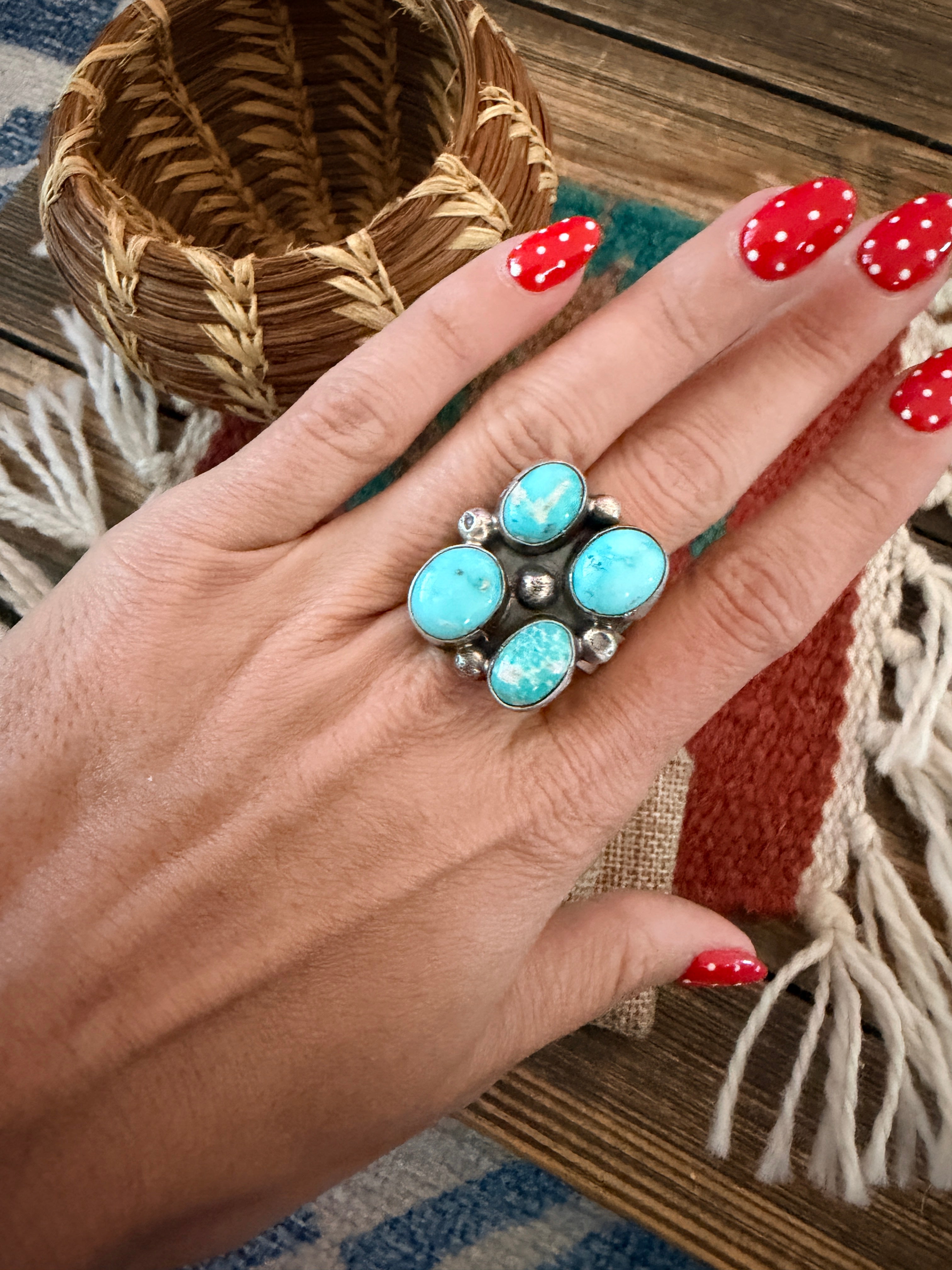Handcrafted Turquoise & Sterling Silver Cluster Adjustable Ring