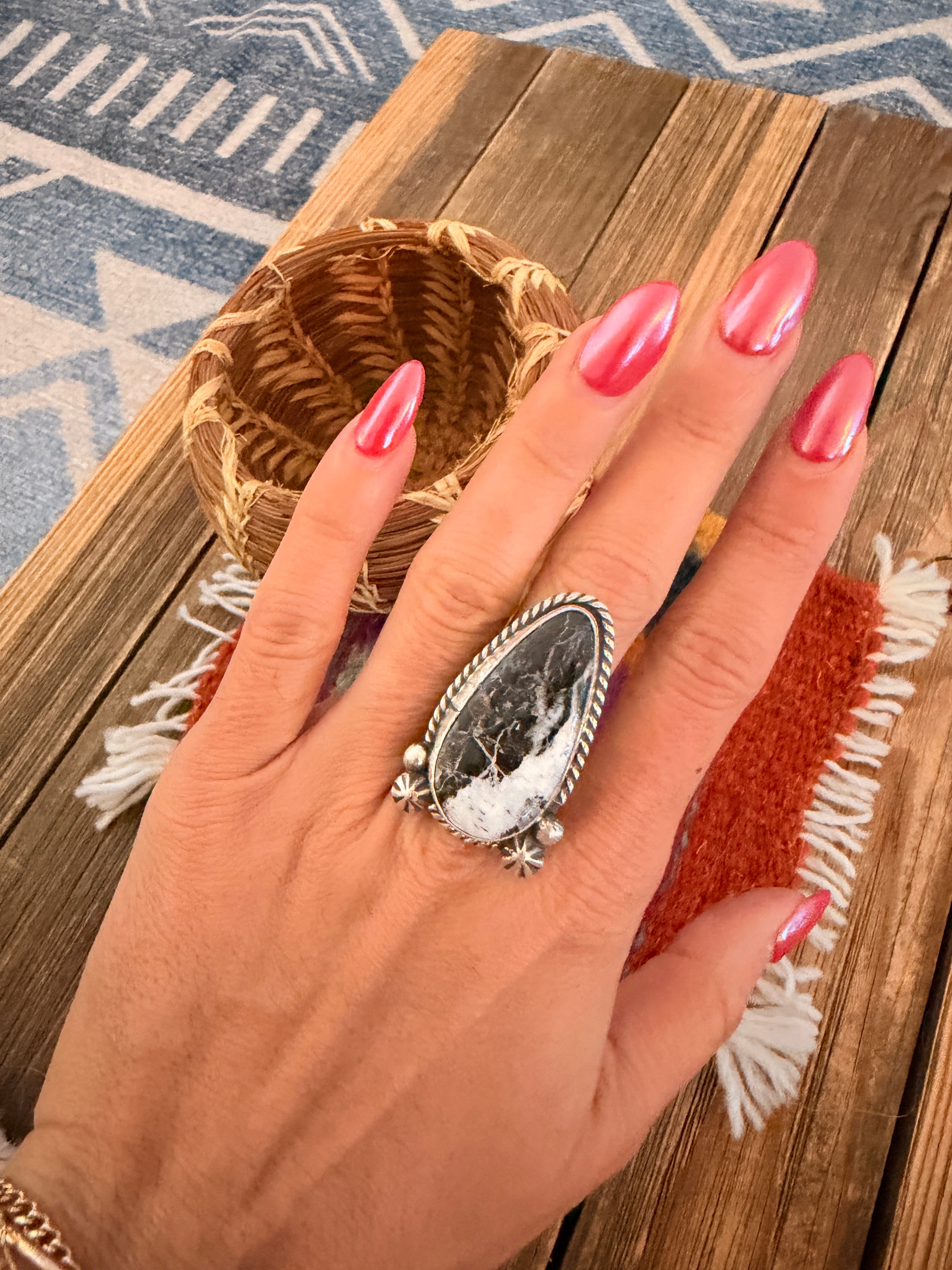 Handmade Sterling Silver and White Buffalo Adjustable Ring