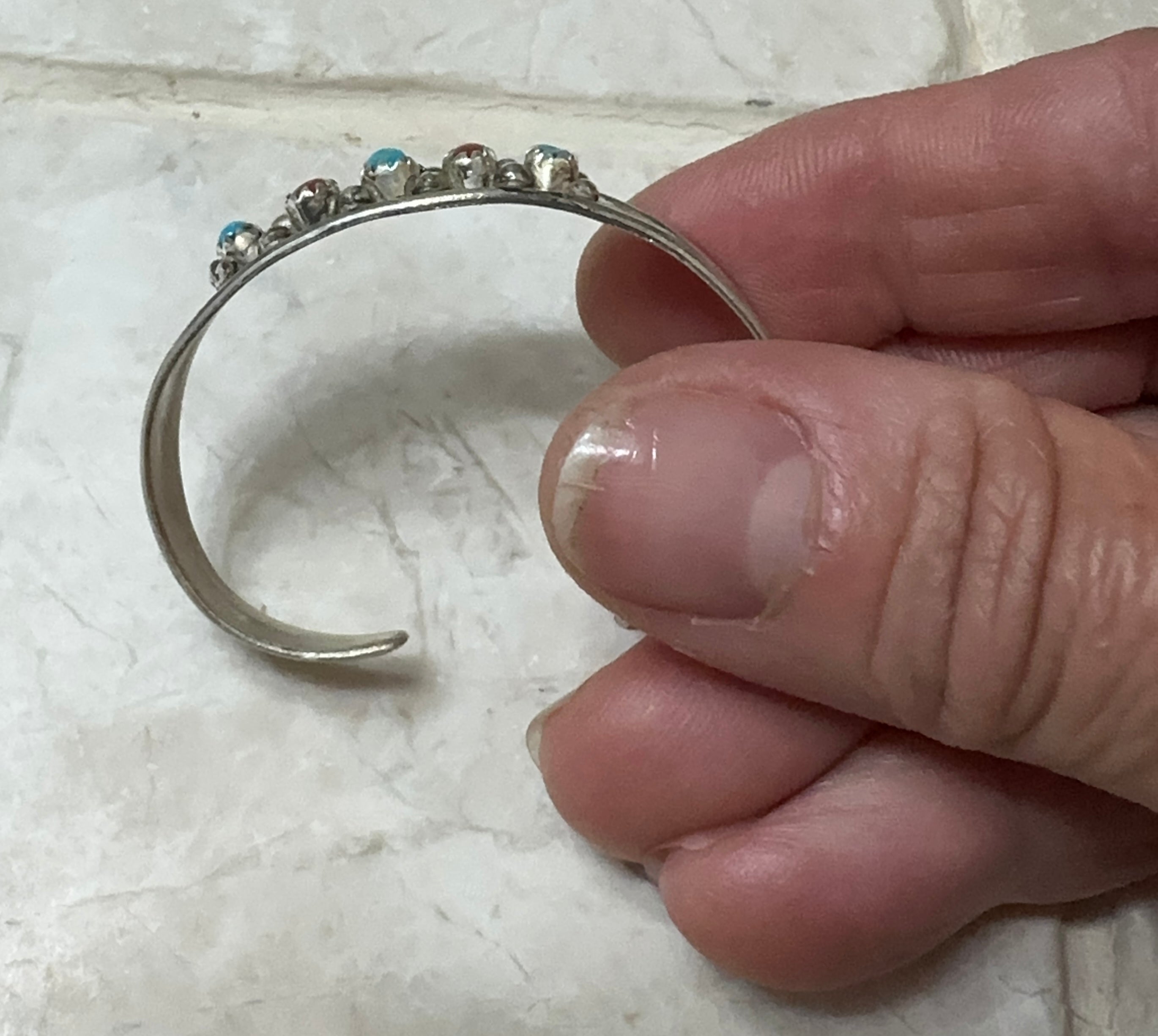 Handcrafted Turquoise, Coral, Sterling Silver Child Cuff Bracelet