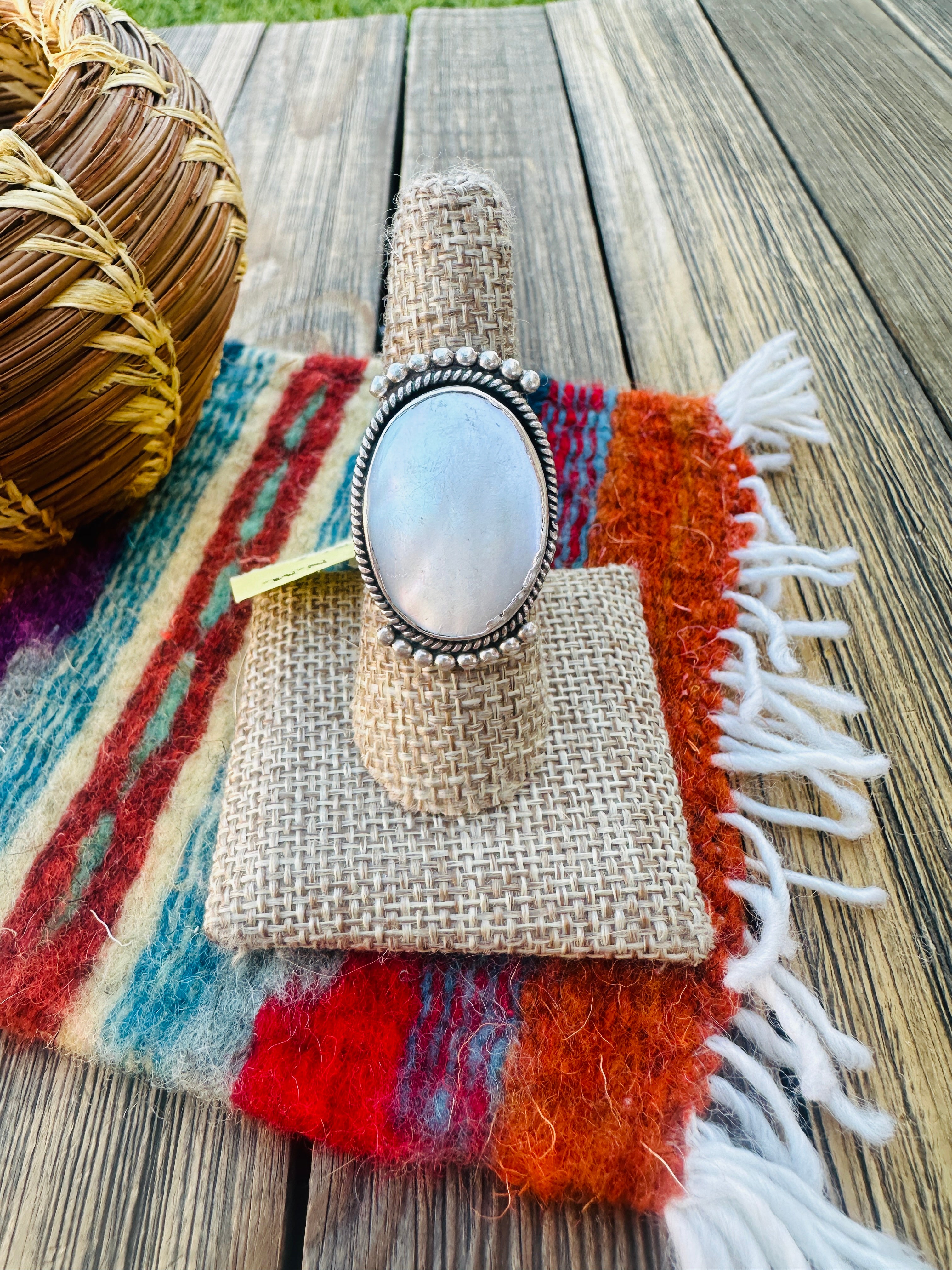 Old Pawn Handcrafted Mother of Pearl & Sterling Silver Ring Size 8