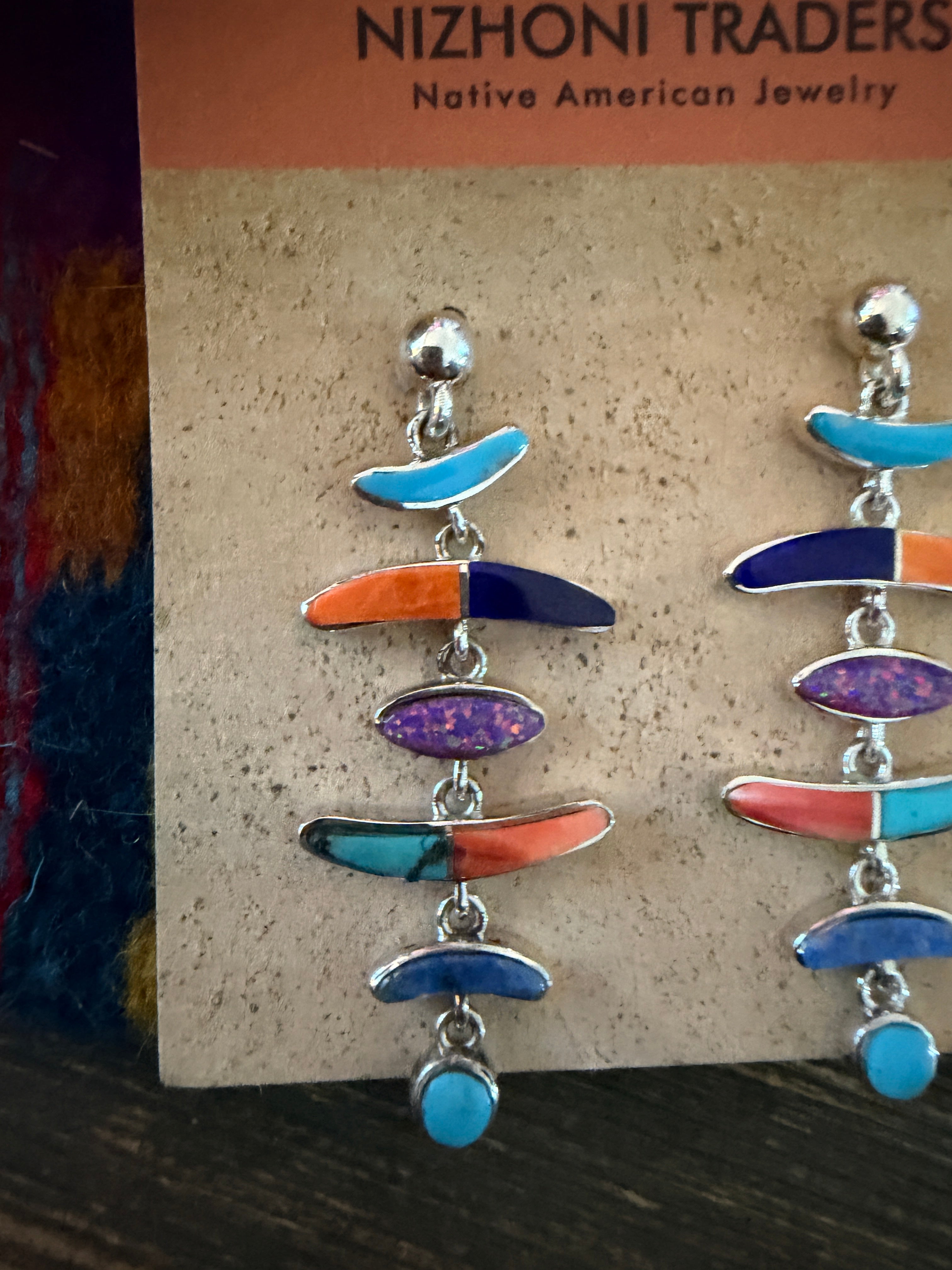 Handcrafted Multi Stone & Sterling Silver Chandelier Dangle Earrings by Valerie Yazzie