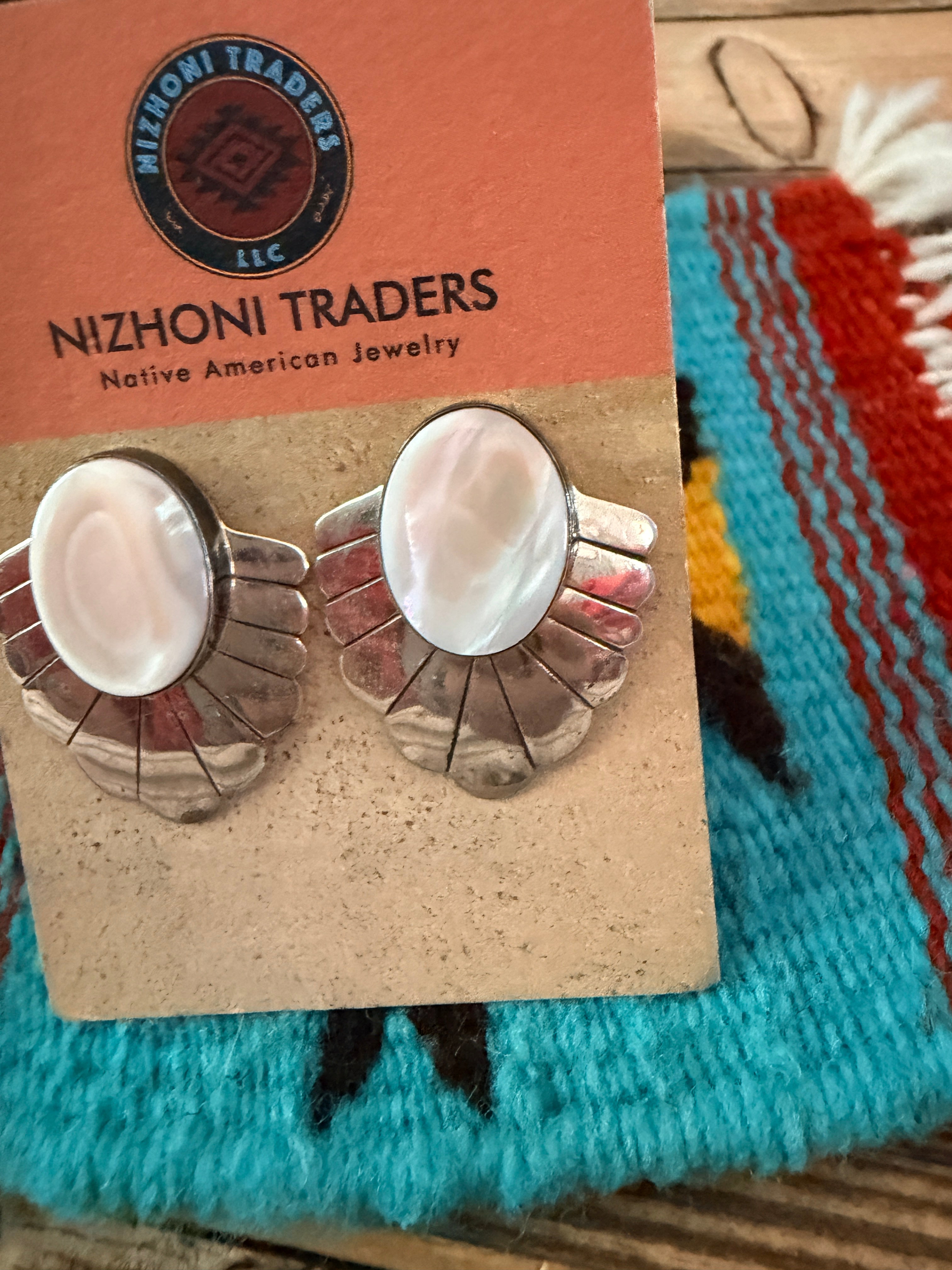 Old Pawn Handcrafted Sterling Silver & Mother of Pearl Post Earrings